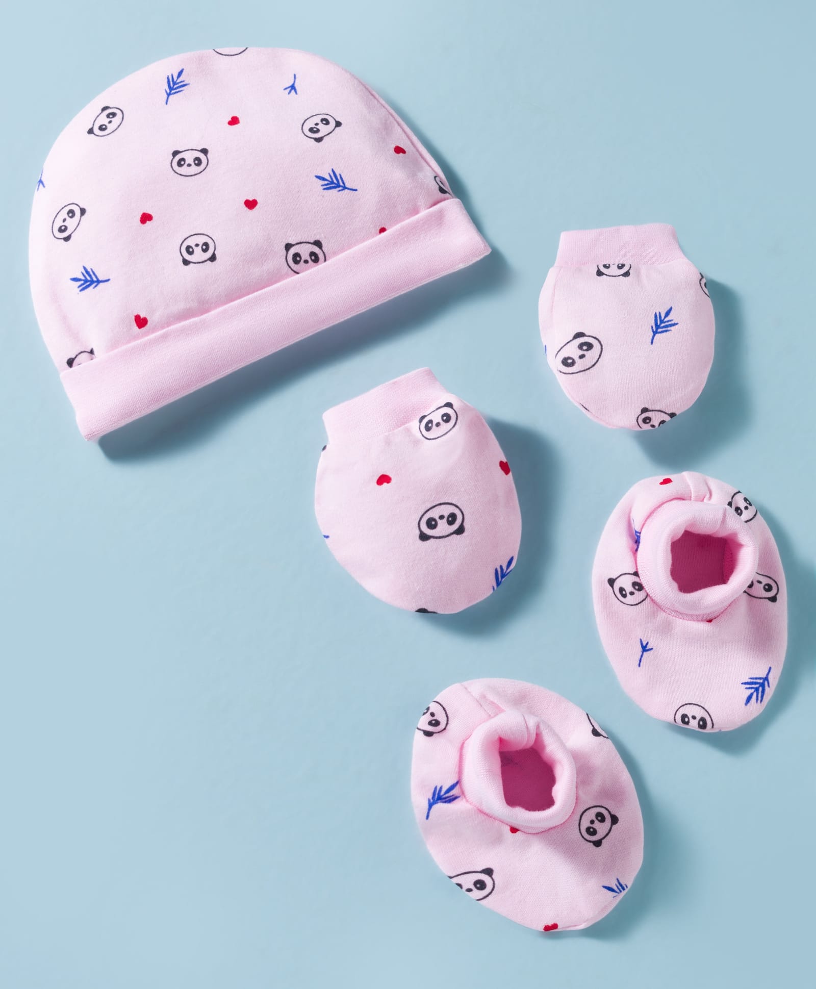 Rupa Peek A Boo Single Jersey Knit Unisex Cap, Mitten & Booties Set With Space Print Red - Diameter 12.5 cm