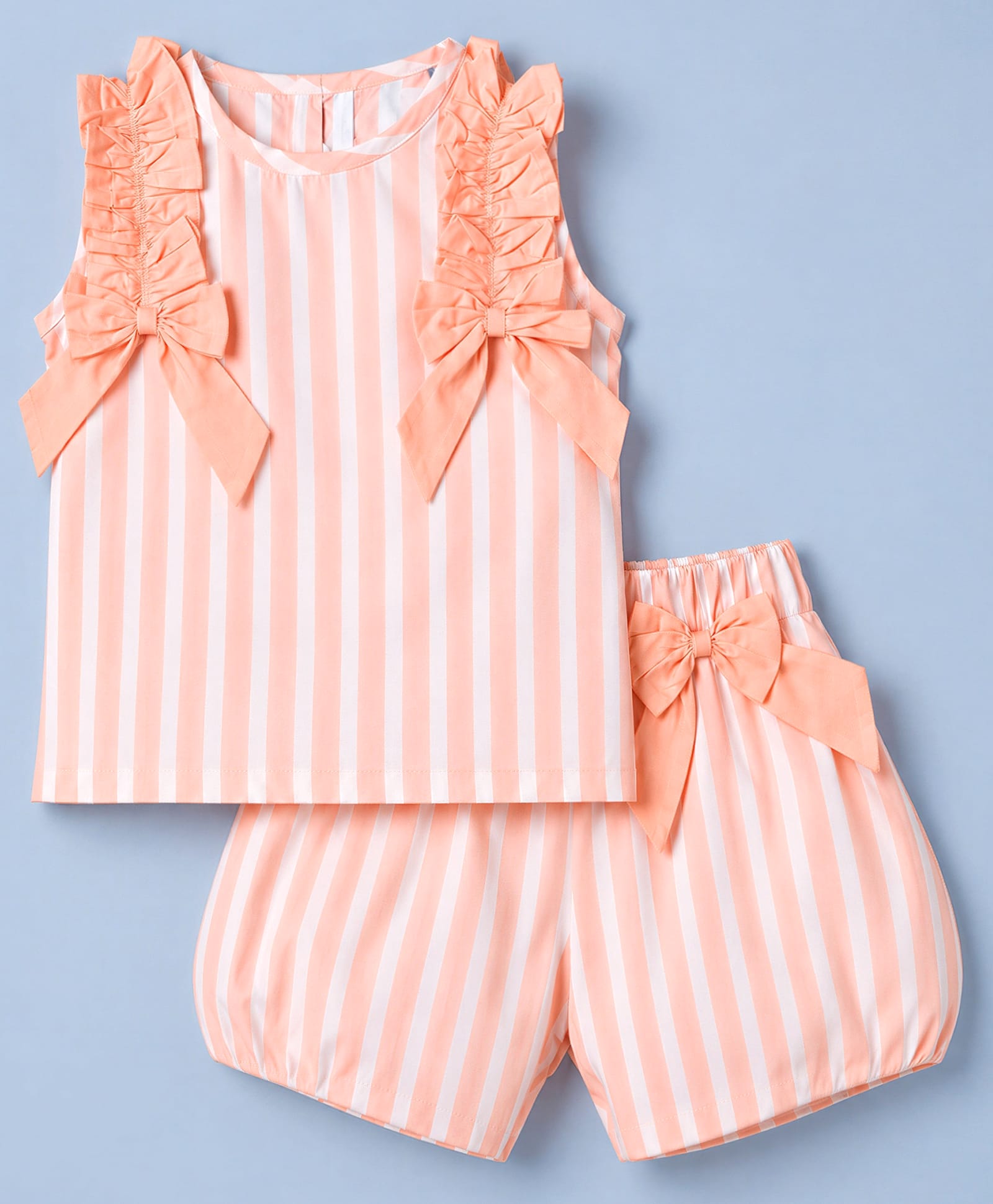 ToffyHouse Cotton Knit Frill Sleeves Top & Shorts Set with Stripes & Bow Applique - White & Peach-image-26