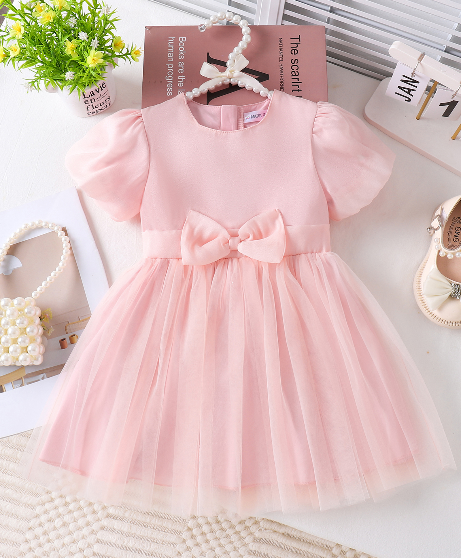 Mark & Mia Half Puffed Sleeves Solid Colour Fit & Flared Party Dress with Bow Applique - Pink-image-47