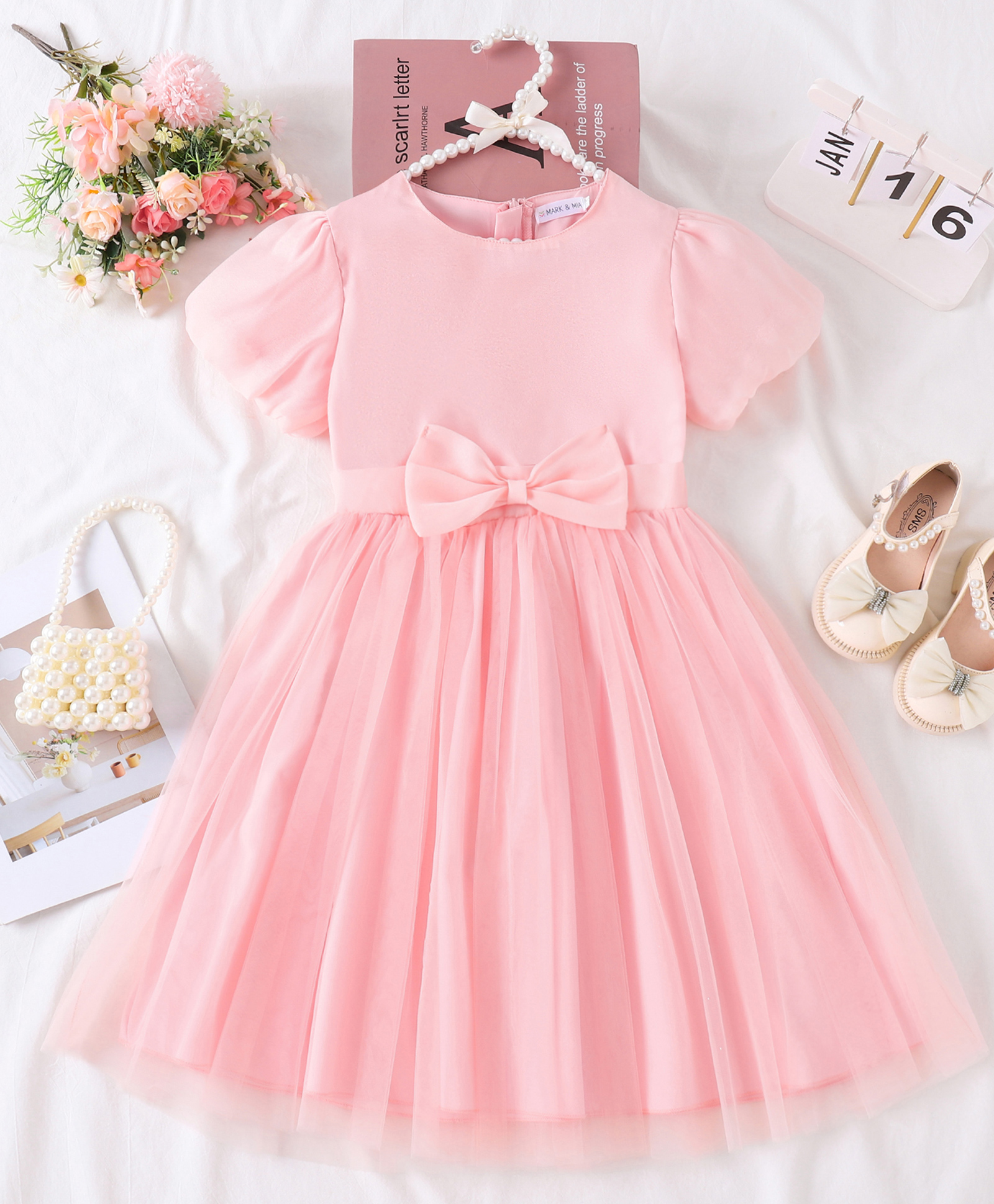 Mark & Mia Half Puffed Sleeves Solid Colour Party Dress with Bow Applique - Pink