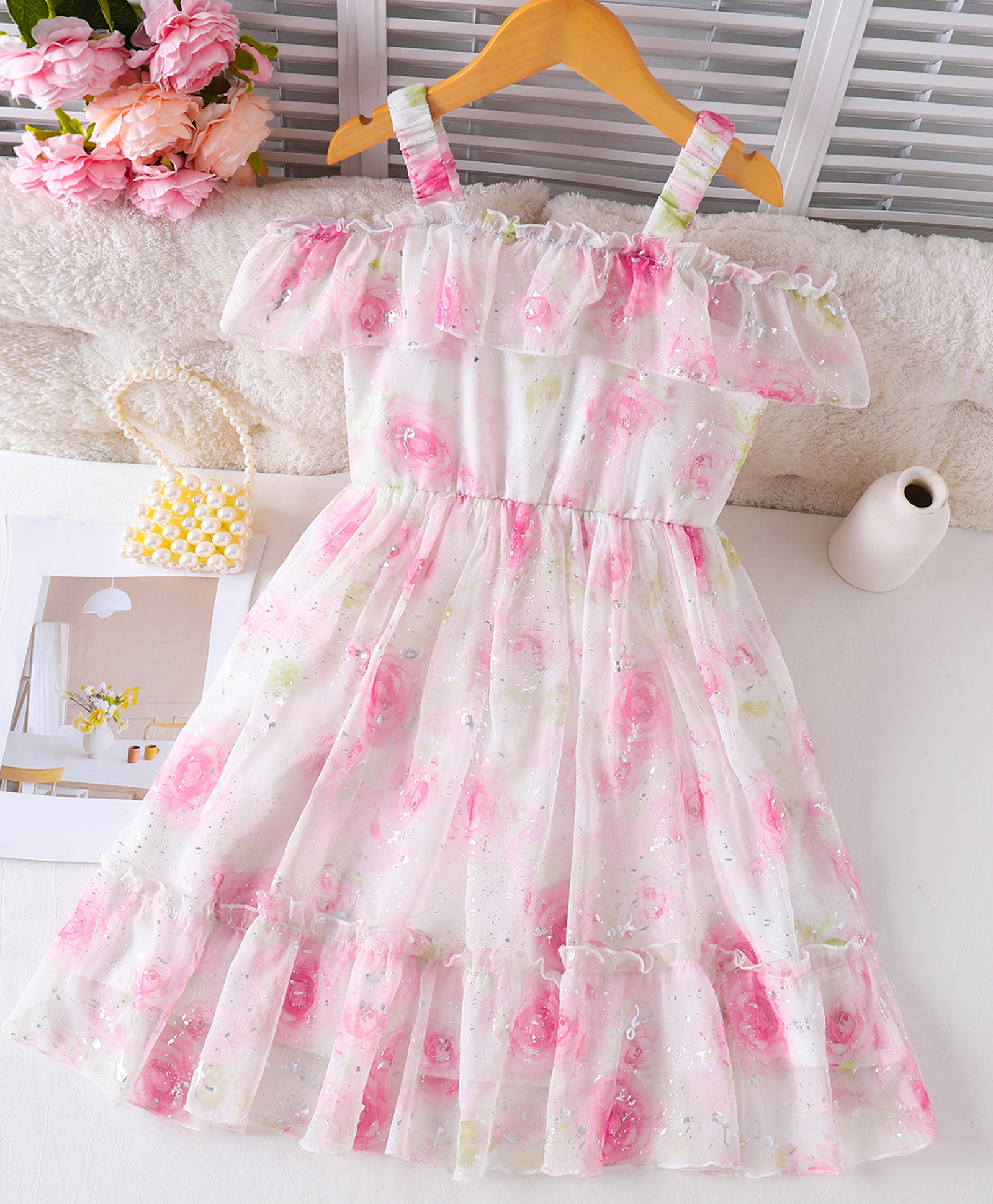 Mark & Mia Cold Shoulder Sleeves Floral Printed Tiered Party Dress with Foil Print - Pink-image-43