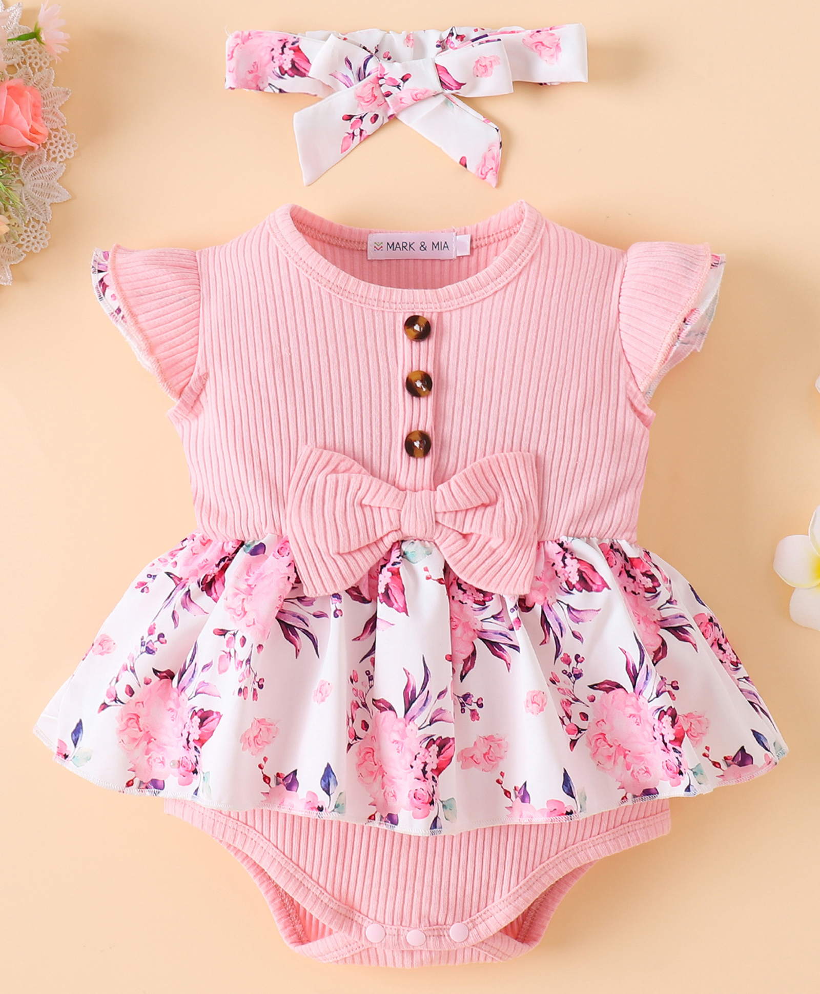 Mark & Mia Half Sleeves Floral Printed Onesie with Headband - Pink-image-27