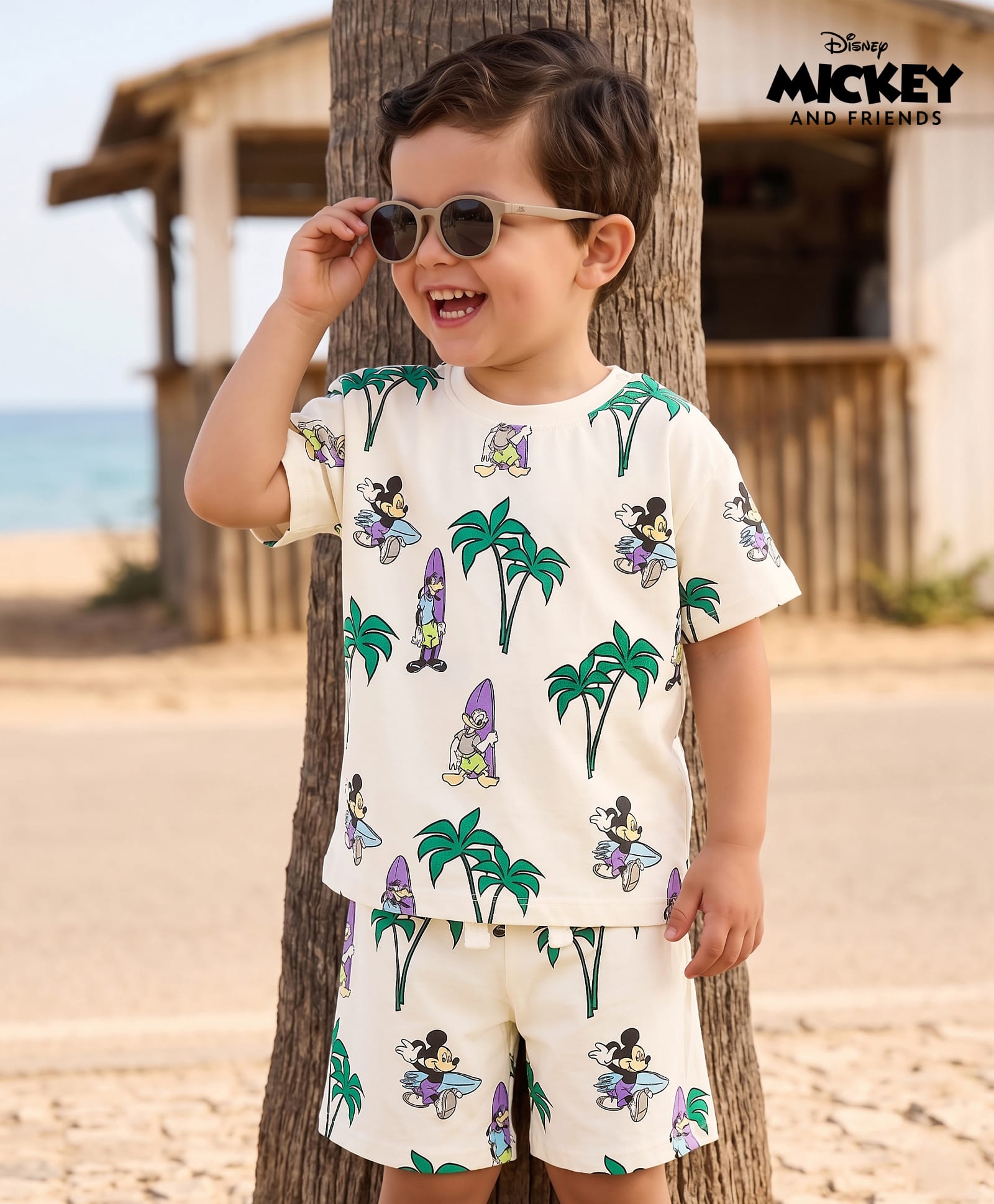 Babyhug Disney Single Jersey Knit Half Sleeves T-Shirt & Shorts Set with Mickey Mouse Graphics - Offwhite-picture-15