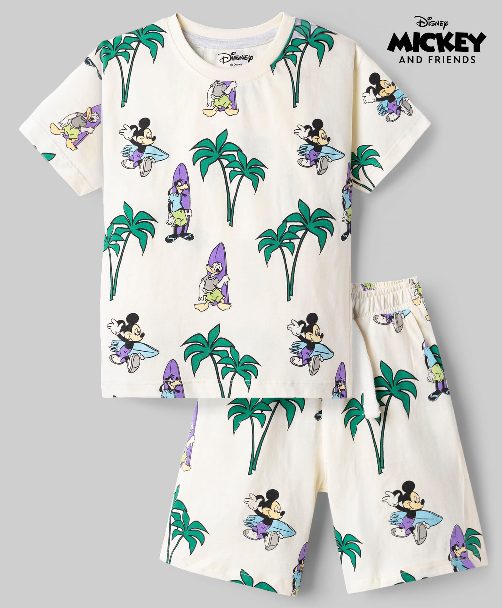 Babyhug Disney Single Jersey Knit Half Sleeves T-Shirt & Shorts Set with Mickey Mouse Graphics - Offwhite-image-47