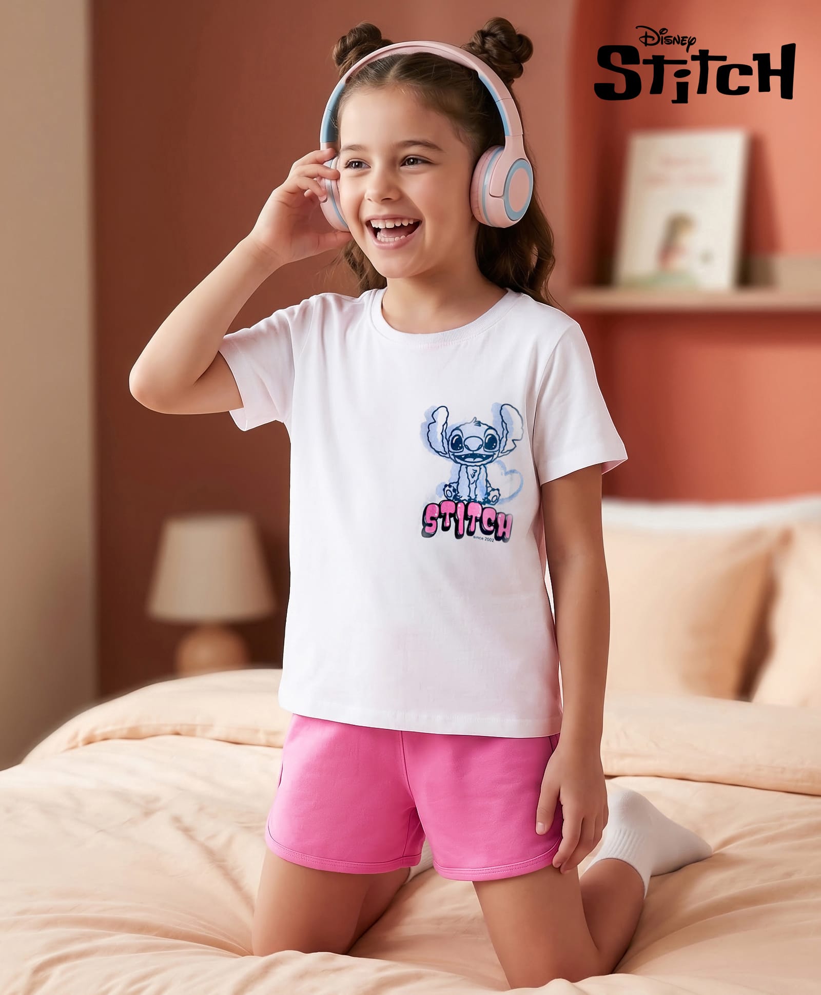 Honeyhap Disney Single Jersey Knit Half Sleeves T-Shirt & Short Night Suit Set with Front & Back Stitch Graphic- White & Pink-image-41