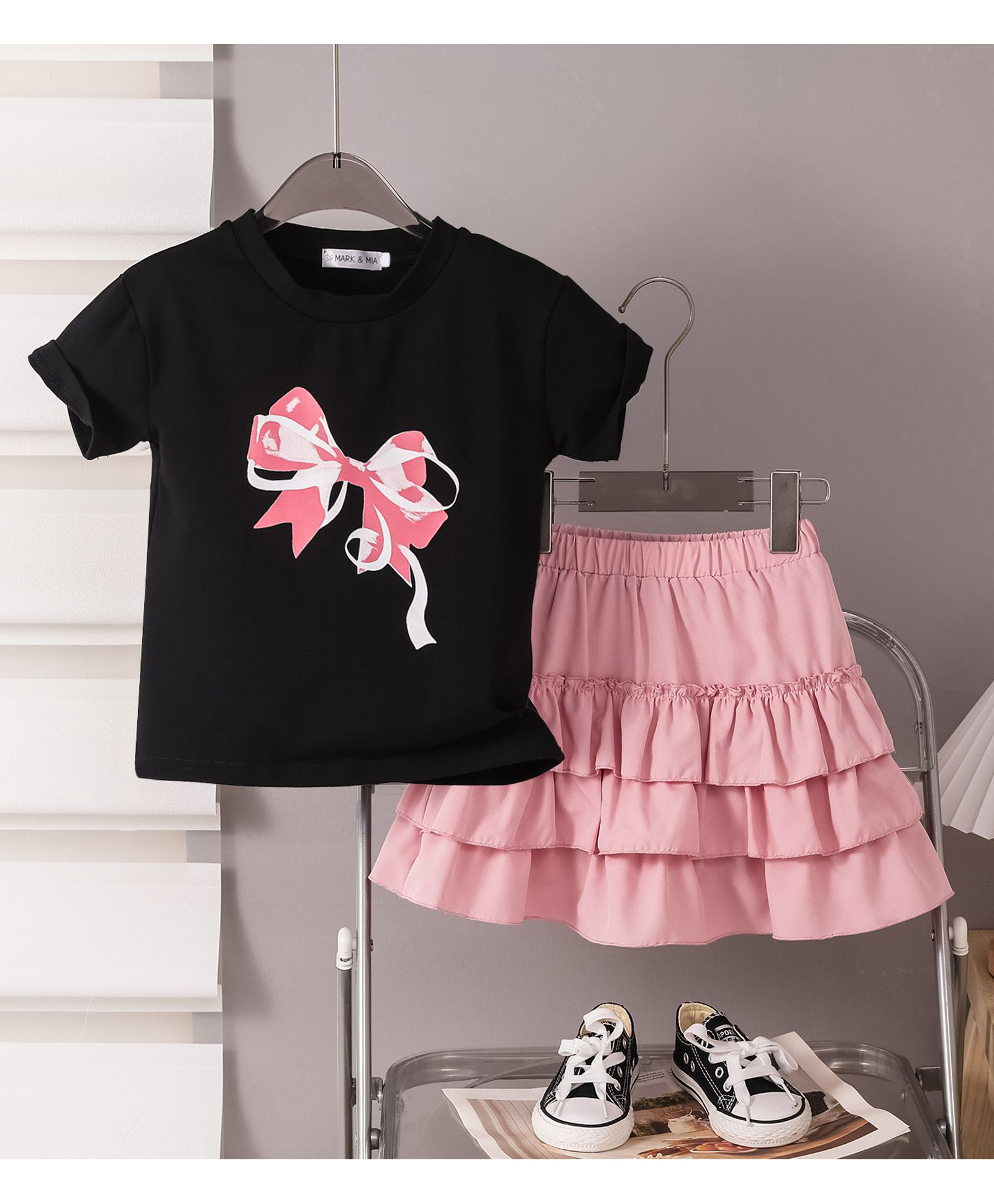 Mark & Mia Cotton Half Sleeves Top & Skirt Set with Bow Print - Black-picture-19