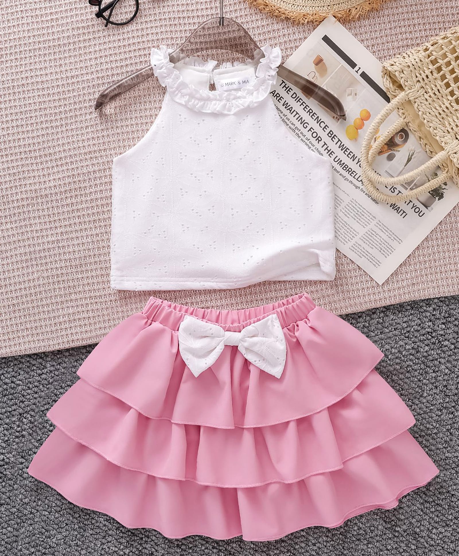 Mark & Mia Sleeveless Schiffili Top & Skirt Set with Bow Applique - Pink & White-image-33