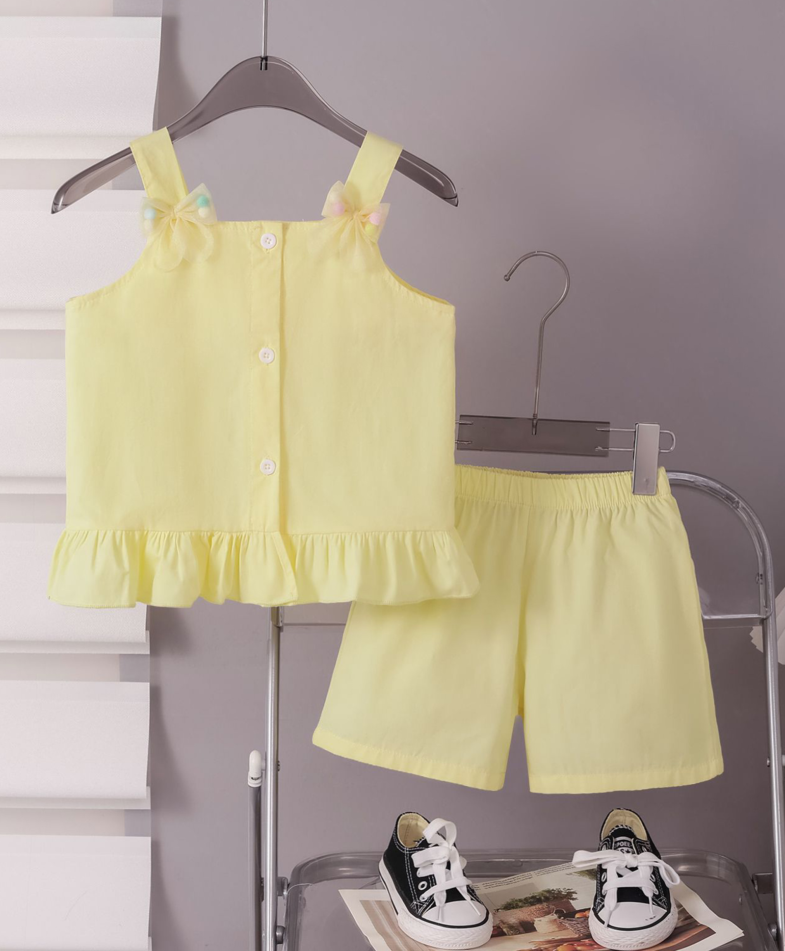 Mark & Mia Cotton Sleeveless Solid Top & Shorts Set With Bow Applique - Yellow-image-6