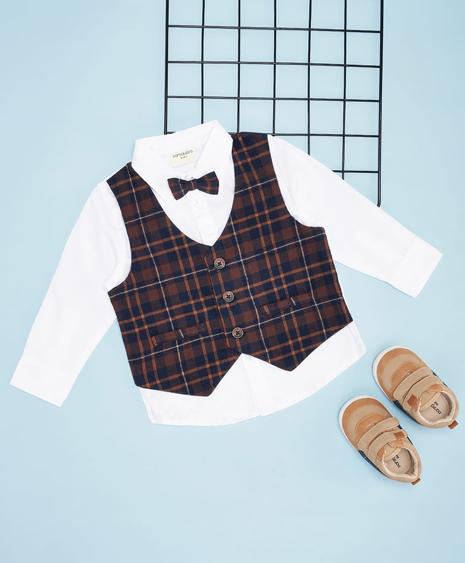 Pantaloons Baby Cotton Woven Full Sleeves Solid Shirt With Checked Waistcoat & Bow - White-image-47