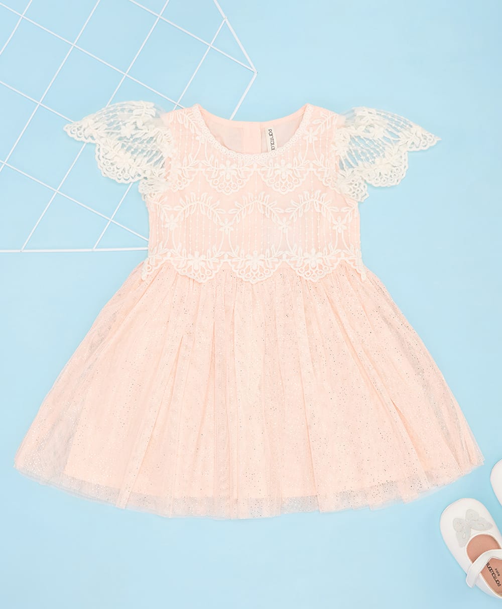 Pantaloons Baby Cotton Half Sleeves Lace Detailed Dress - Peach-image-17