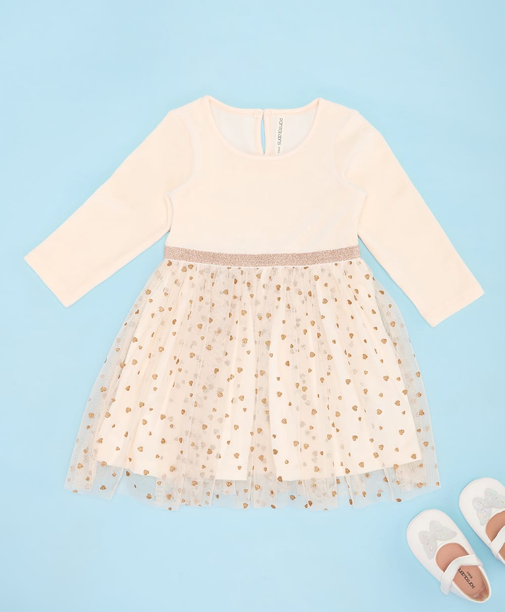 Pantaloons Baby Cotton Woven Full Sleeves Hearts Foil Printed Dress - Pink-image-1