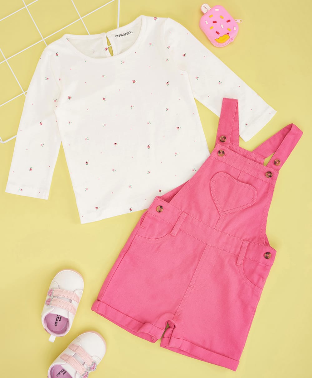 Pantaloons Baby Cotton Woven Heart Patch Detailed Dungaree With Full Sleeves Tee - Pink-picture-11