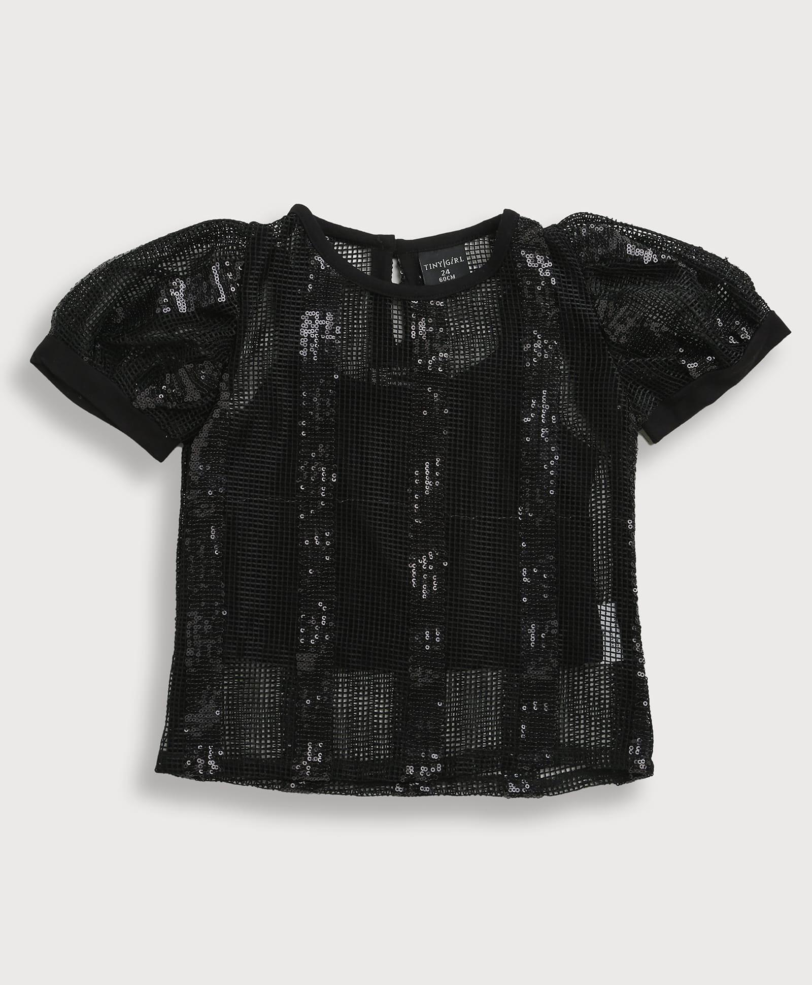 Tiny Girl Woven Half Puffed Sleeves Sequins Embellished Top with Inners - Black-picture-35