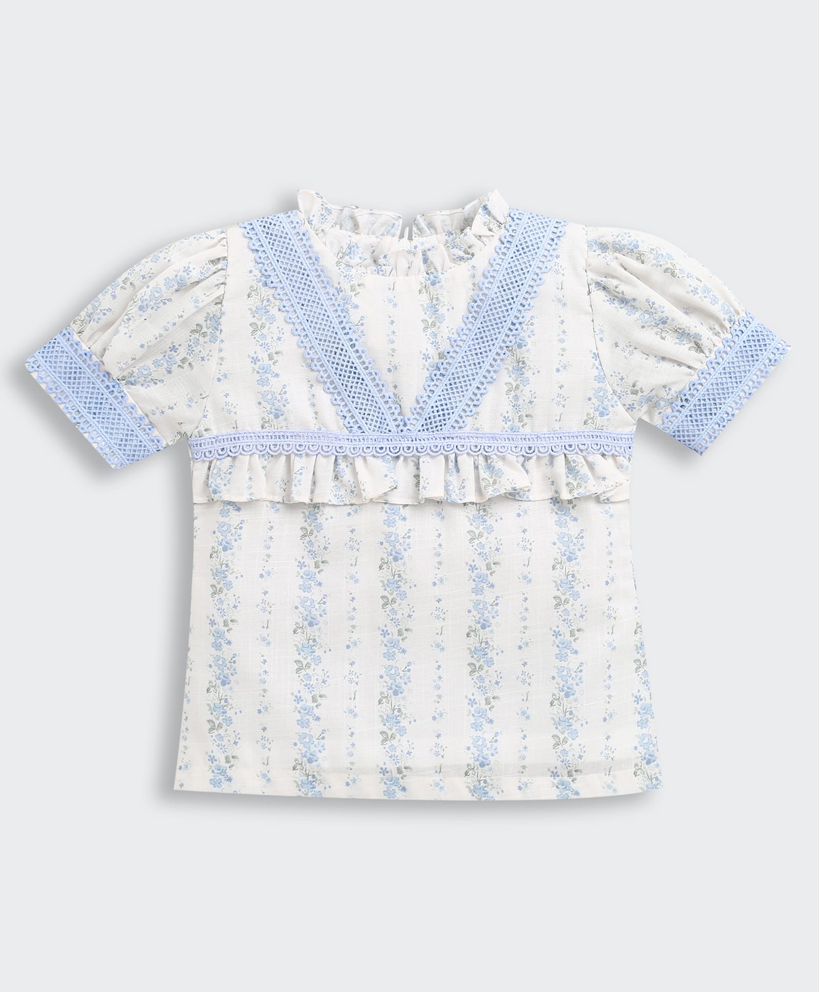 Tiny Girl Cotton Woven Half Puffed Sleeves Floral Printed & Lace Detailed Top - Blue-picture-23