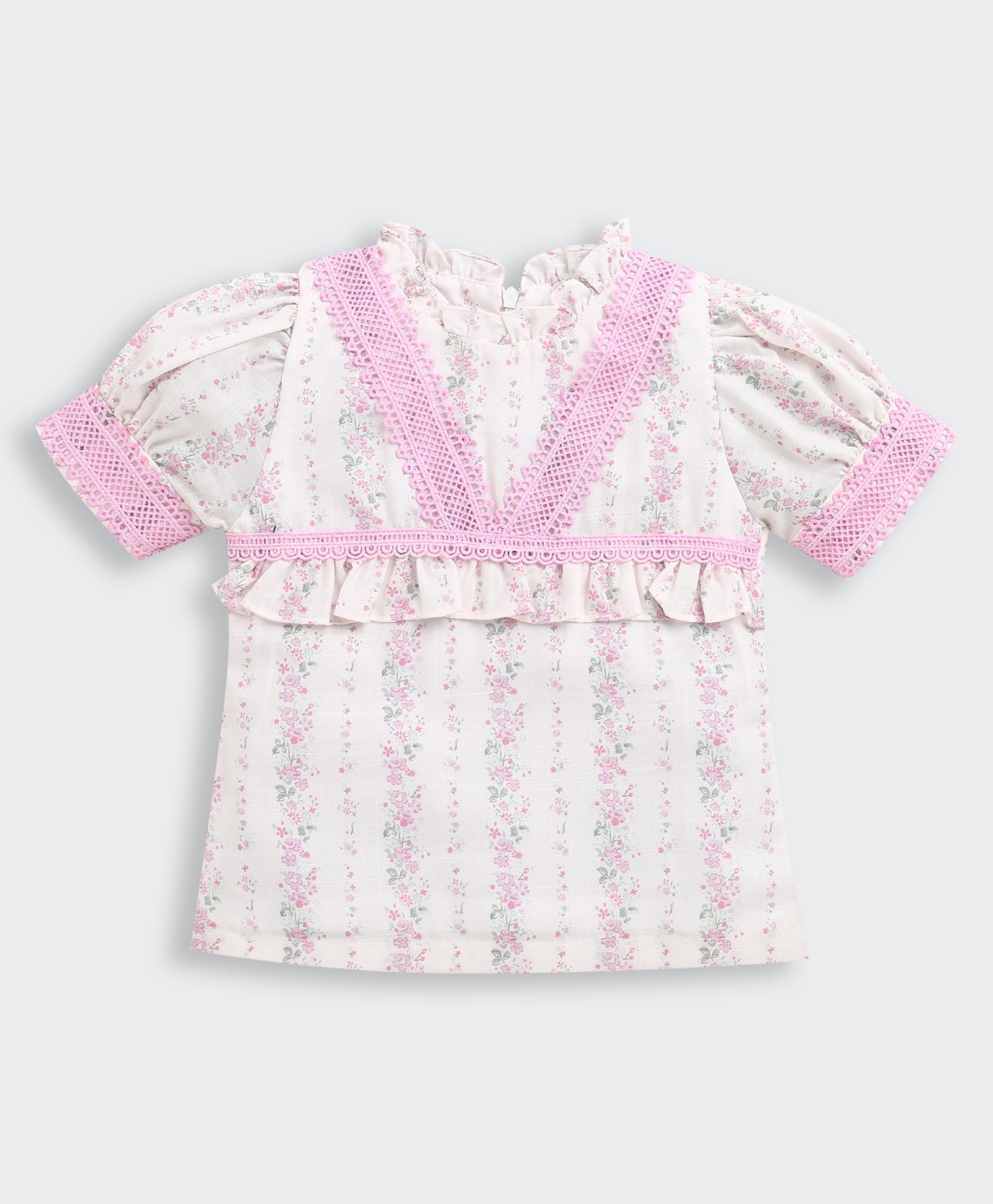 Tiny Girl Cotton Woven Half Puffed Sleeves Floral Printed & Lace Detailed Top - Pink-picture-24