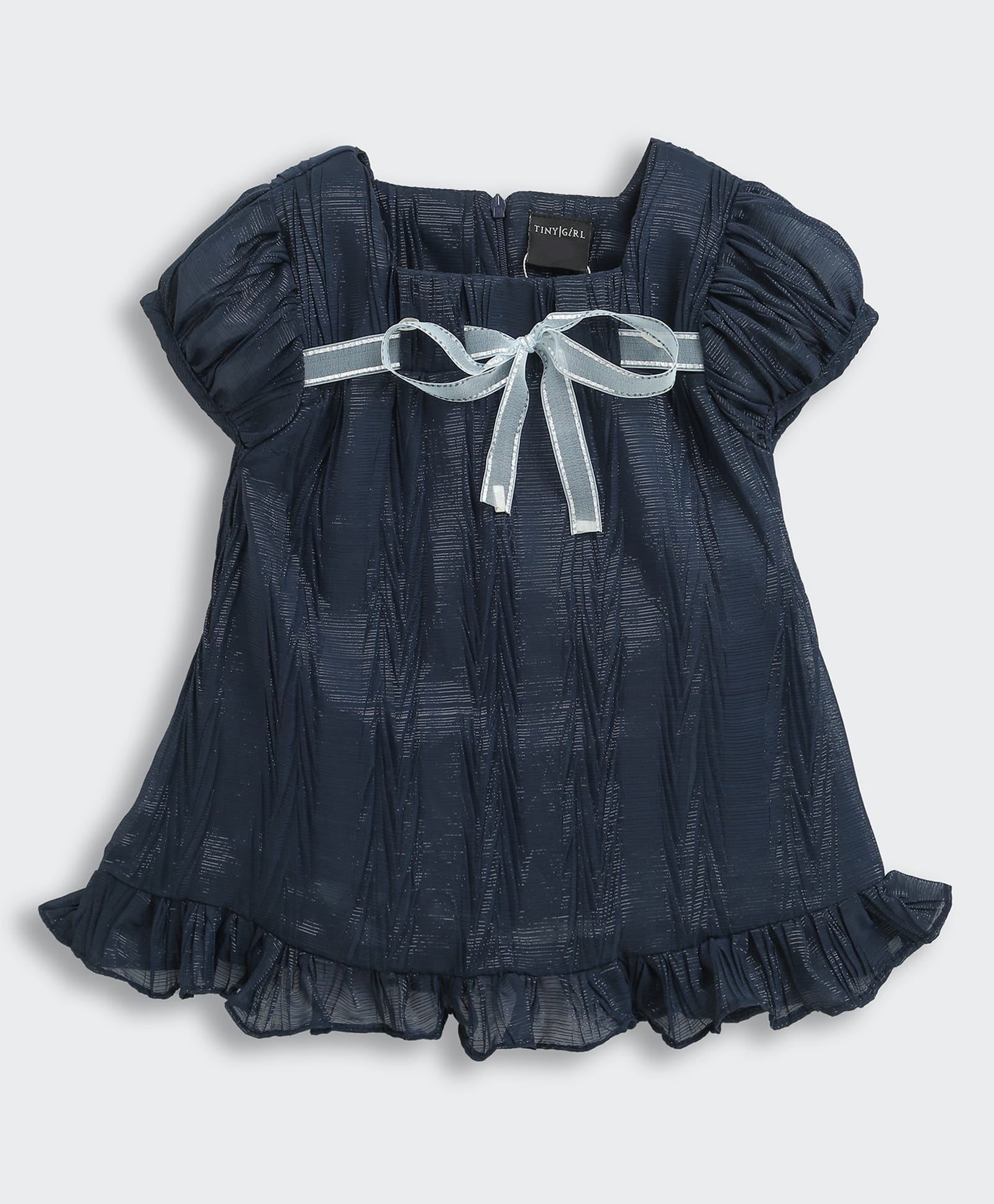 Tiny Girl Woven Puff Sleeves Solid Frill & Bow Applique Detailed Top - Navy Blue-picture-18