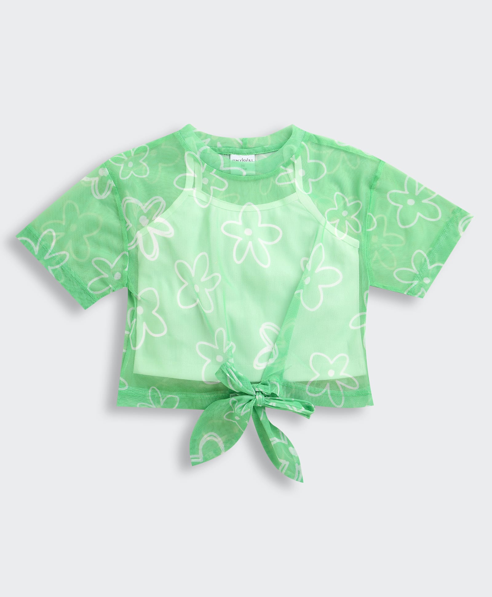 Tiny Girl Cotton Woven Half Sleeves Floral Printed Top With Solid Inner Tee - Green-picture-41