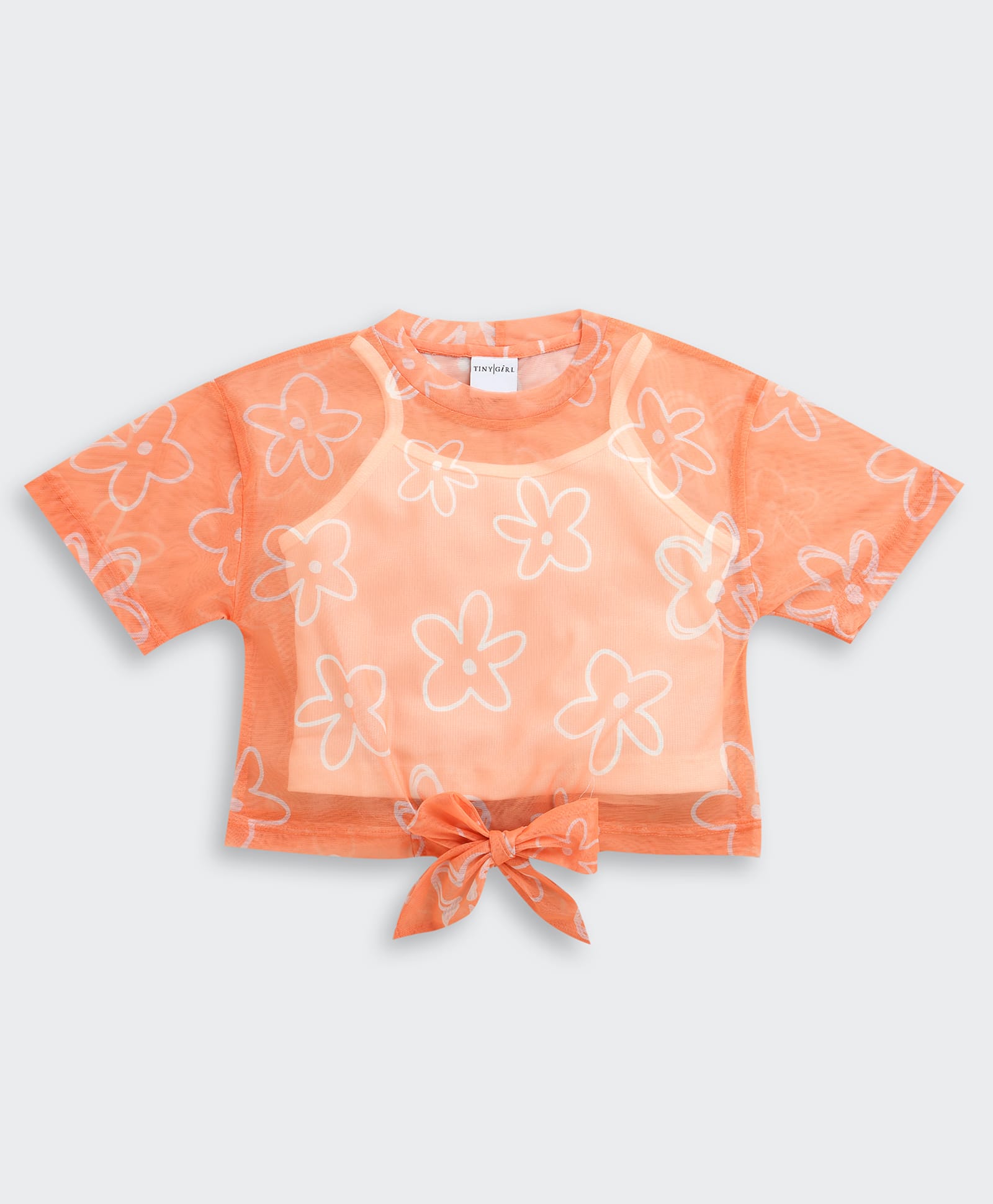 Tiny Girl Cotton Woven Half Sleeves Floral Printed Top With Solid Inner Tee - Orange-picture-0