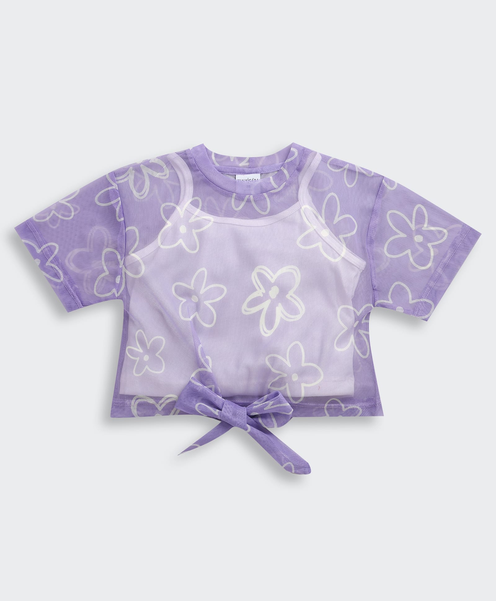 Tiny Girl Cotton Woven Half Sleeves Floral Printed Top With Solid Inner Tee - Purple-picture-42