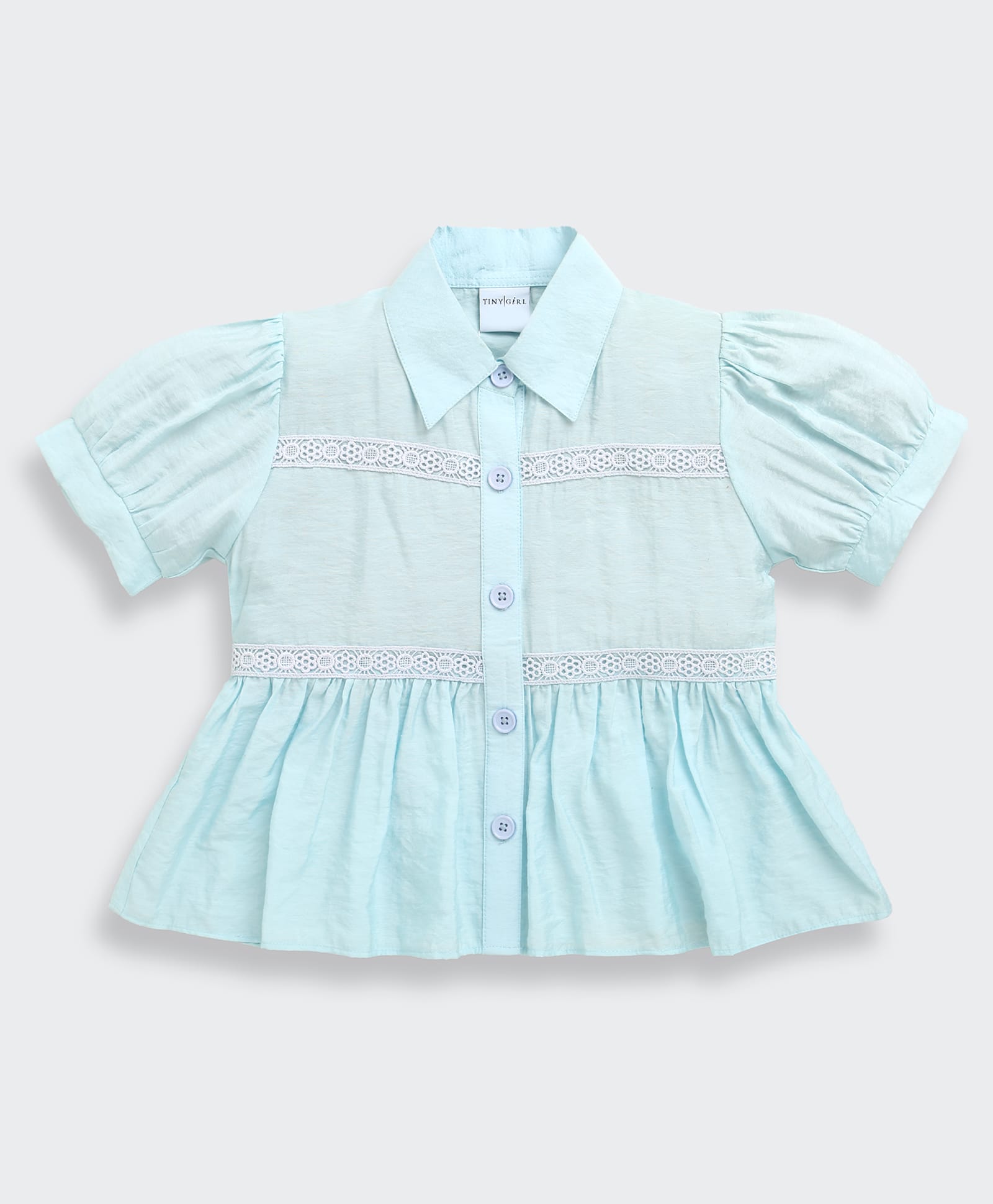 Tiny Girl Cotton Woven Half Puffed Sleeves Floral Lace Embellished Shirt Style Top - Light Blue-picture-39
