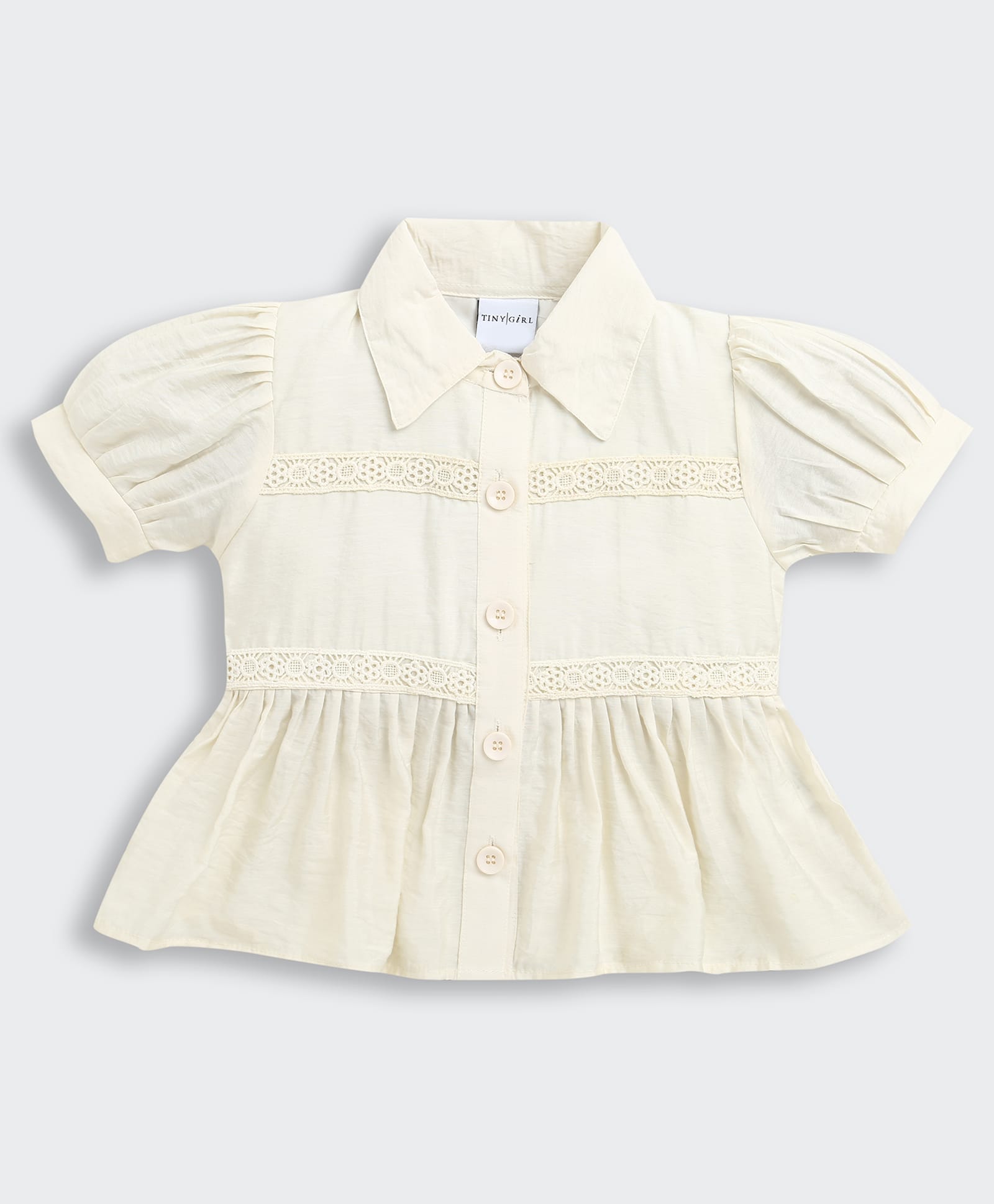 Tiny Girl Cotton Woven Half Puffed Sleeves Floral Lace Embellished Shirt Style Top - Cream-picture-40