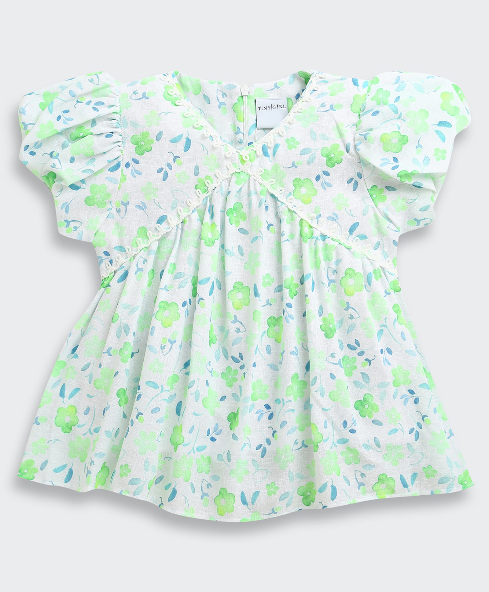 Tiny Girl Cotton Woven Puff Sleeves Floral Printed Top - Green-picture-22