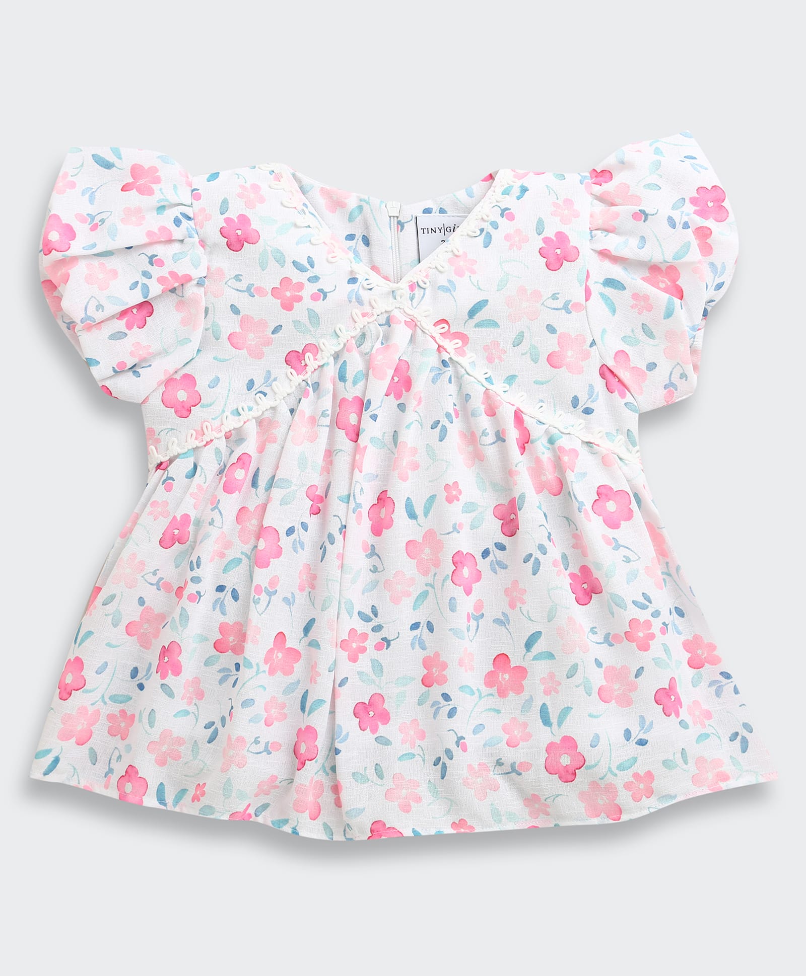 Tiny Girl Cotton Woven Frill Sleeves Floral Printed Top - Pink-picture-25