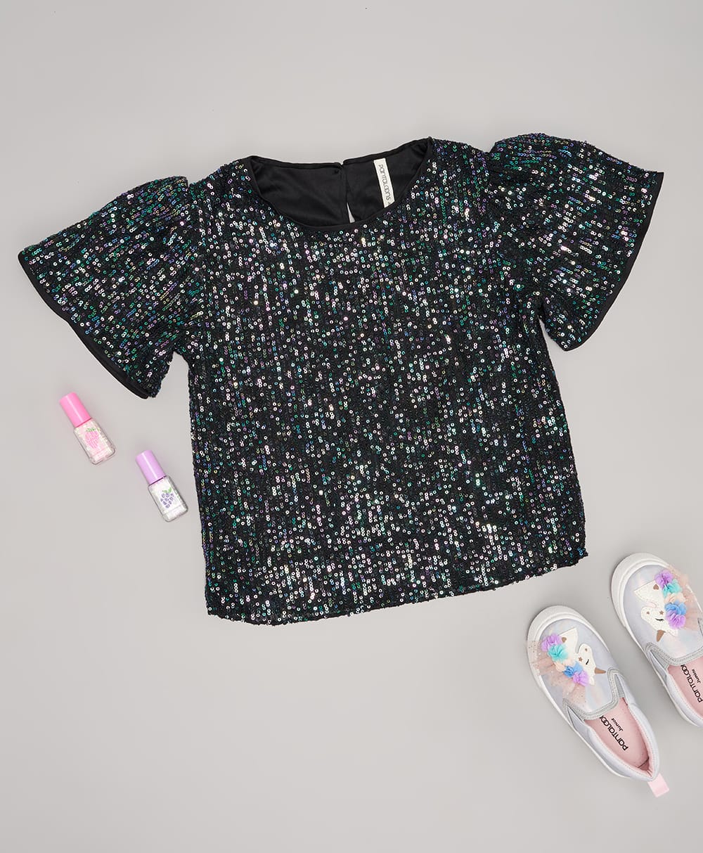 Pantaloons Junior Knit Half Sleeves Sequin Embellished Top - Black-picture-42