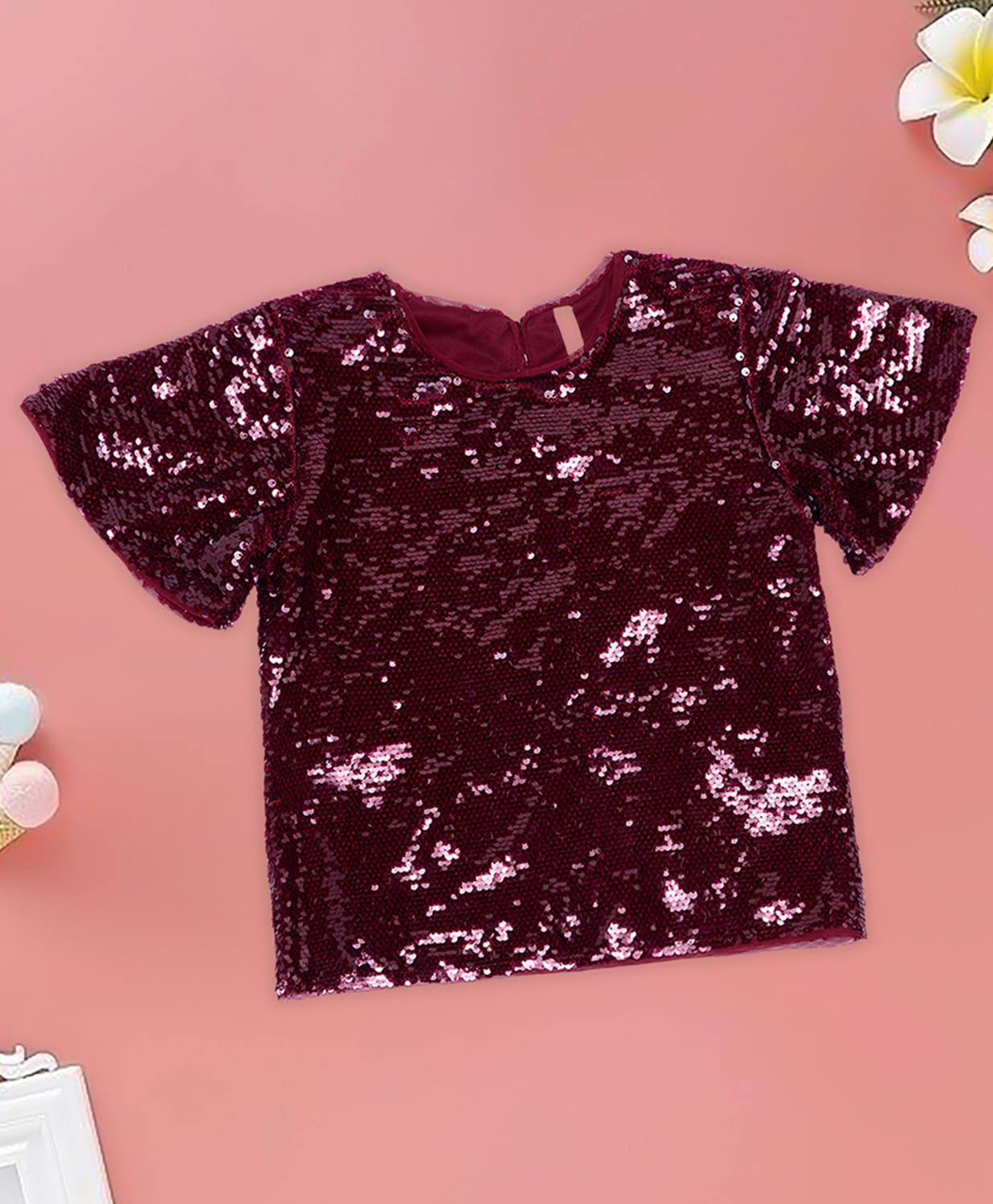 Pantaloons Junior Knit Half Sleeves Sequins Embellished Top - Maroon-image-37