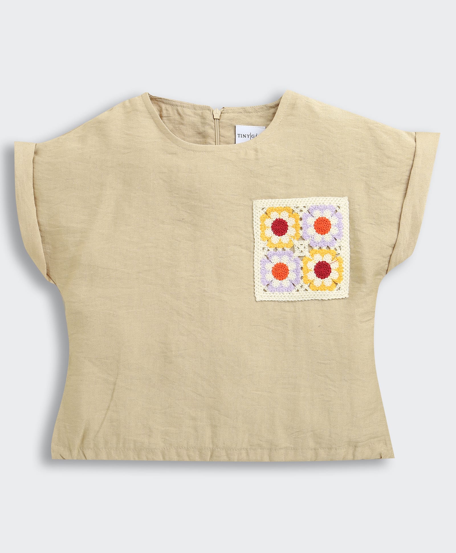 Tiny Girl Woven Half Sleeves Floral Patch Detailed Top - Fawn-picture-22