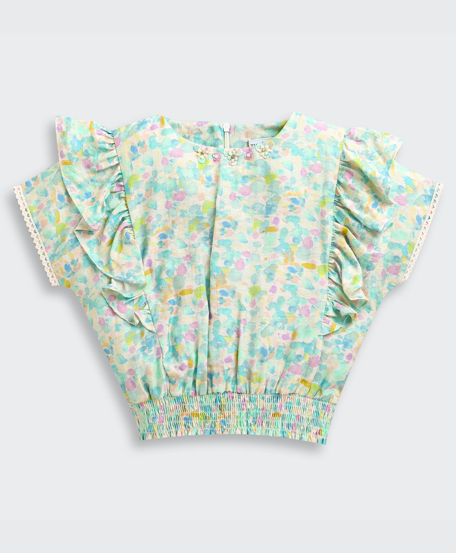 Tiny Girl Woven Half Sleeves Abstract Printed Top - Green-picture-21