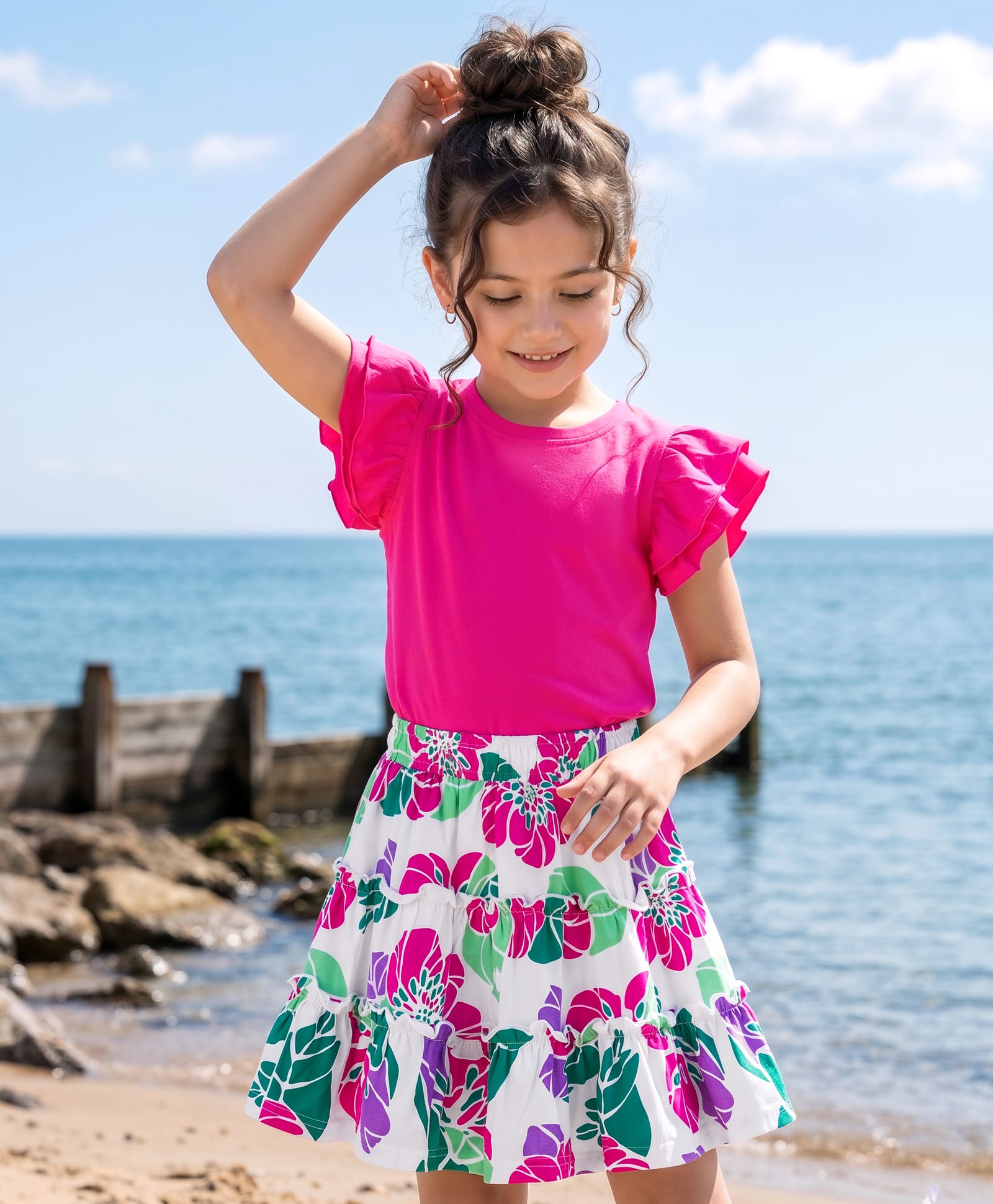 OLLINGTON ST. Cotton Knit Half Sleeves Top & Printed Skirt Set - Pink & Multicolor-image-42