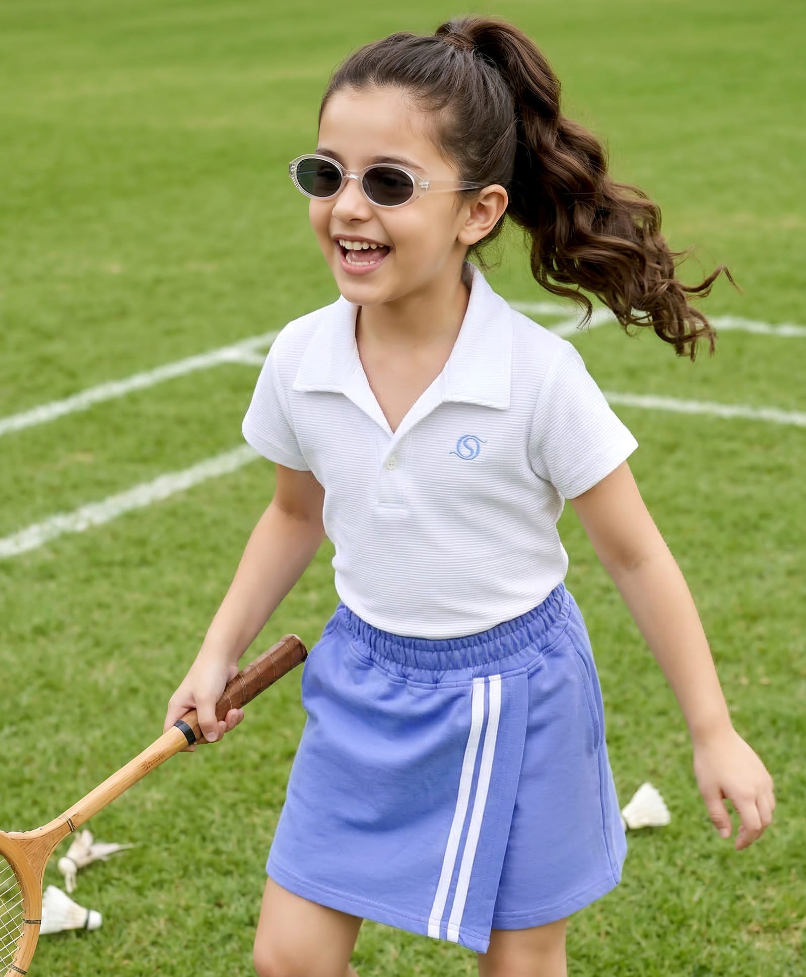 OLLINGTON ST. Sinker Knit Textured Half Sleeves Collar Top & Knit Skort Set - White & Light Blue-image-31