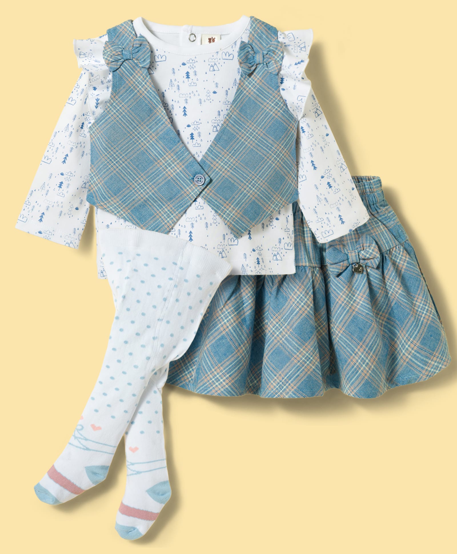 ToffyHouse Cotton Knit Full Sleeves Printed Top & Checkered Skirt Set with Jacket & Stocking - Multicolor-image-36