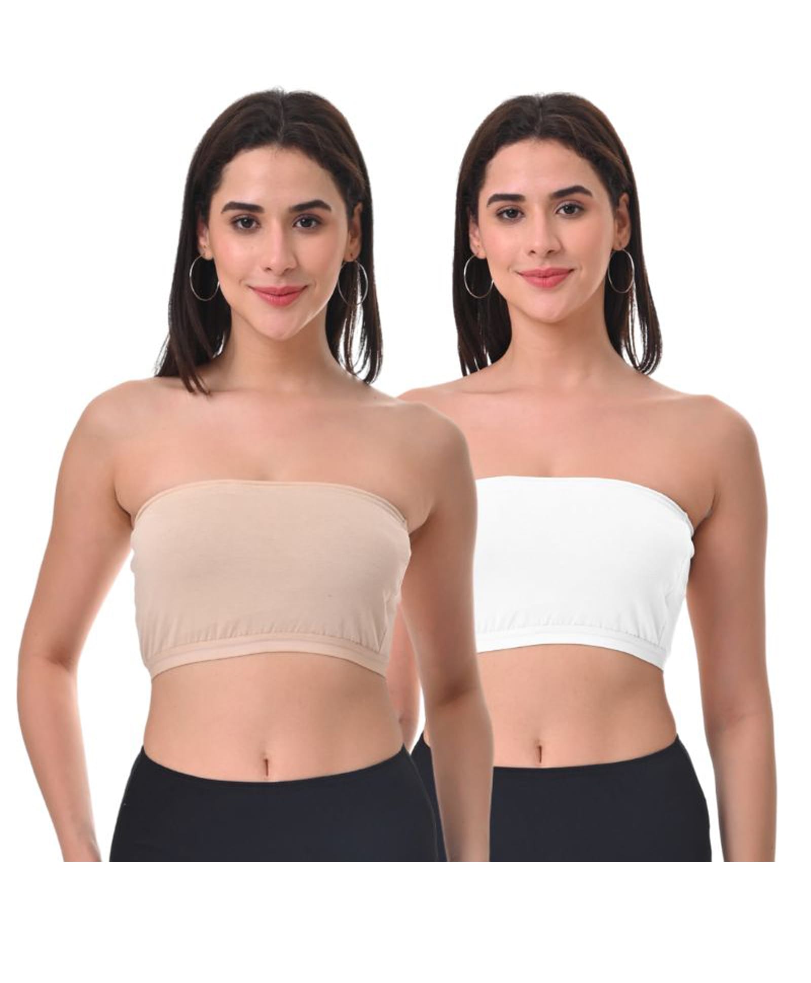 Adira Cotton Spandex Knit Pack Of 2 Solid Tube Bra - Skin & White-image-19