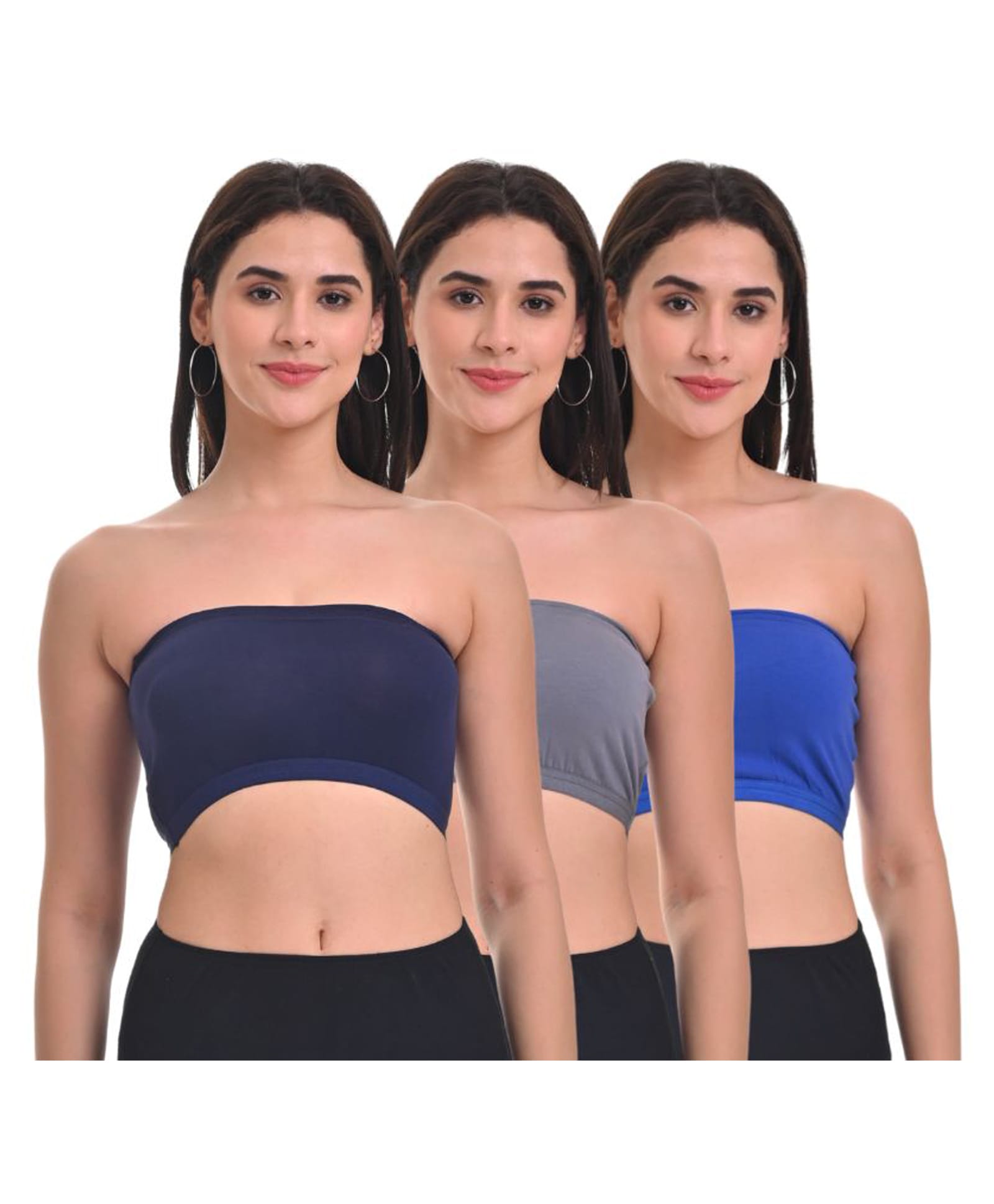 Adira Cotton Spandex Knit Pack Of 3 Solid Tube Bras - Steel Grey & Royal Blue-image-10