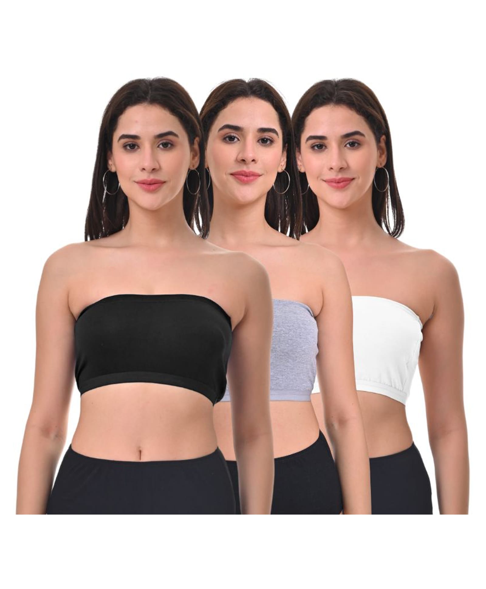 Adira Cotton Spandex Knit Pack Of 3 Solid Tube Bras - Black Grey & White-picture-20