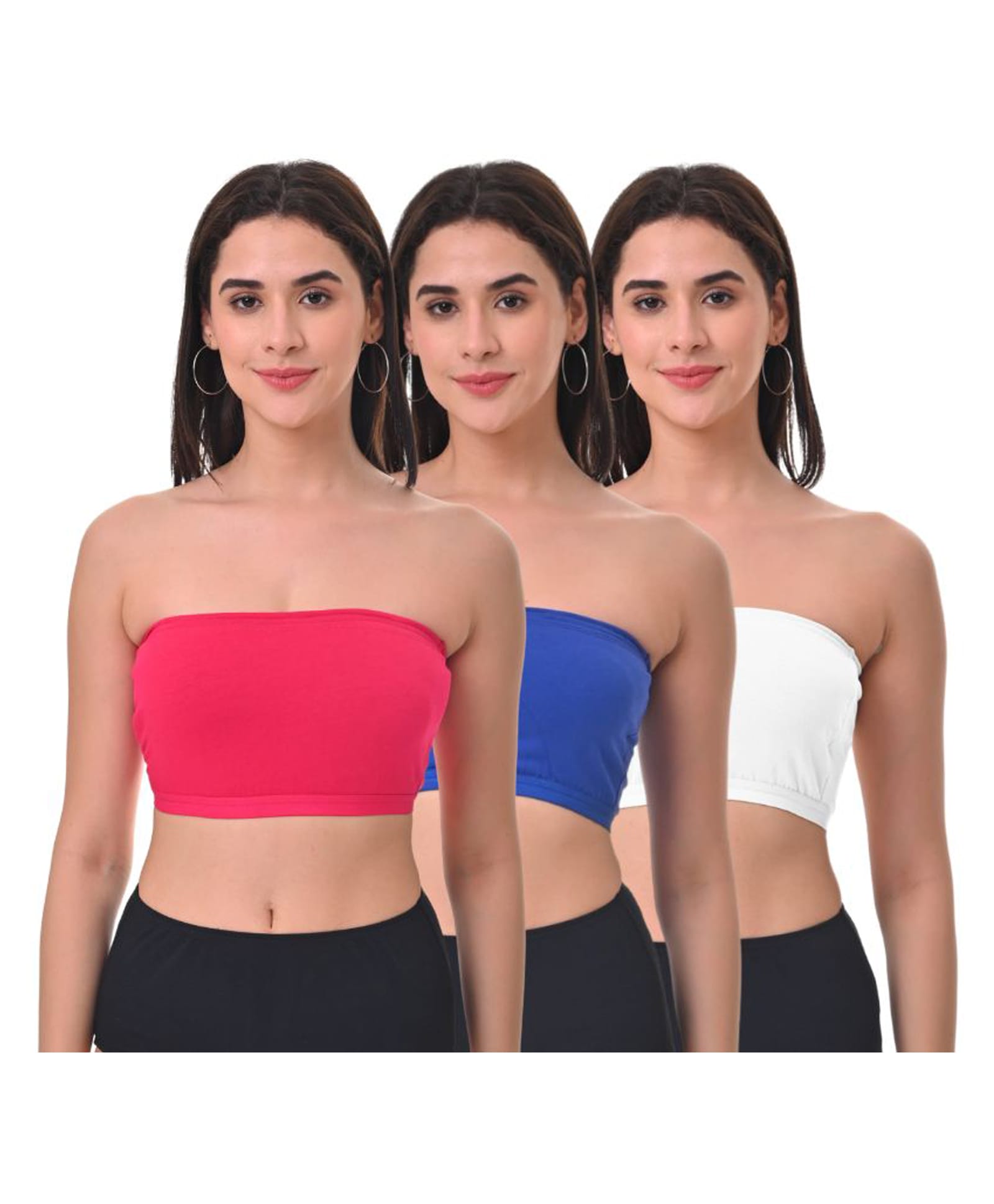 Adira Cotton Spandex Knit Pack Of 3 Solid Tube Bras - Pink Royal Blue & White-picture-1