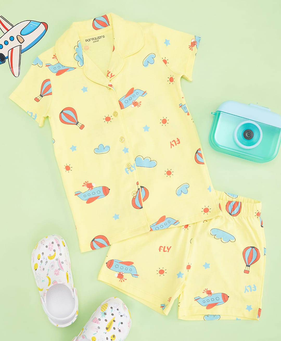 Pantaloons Junior Cotton Knit Half Sleeves Plane & Hot Air Balloon Printed Coordinating Shirt & Shorts Night Suit - Yellow-picture-27