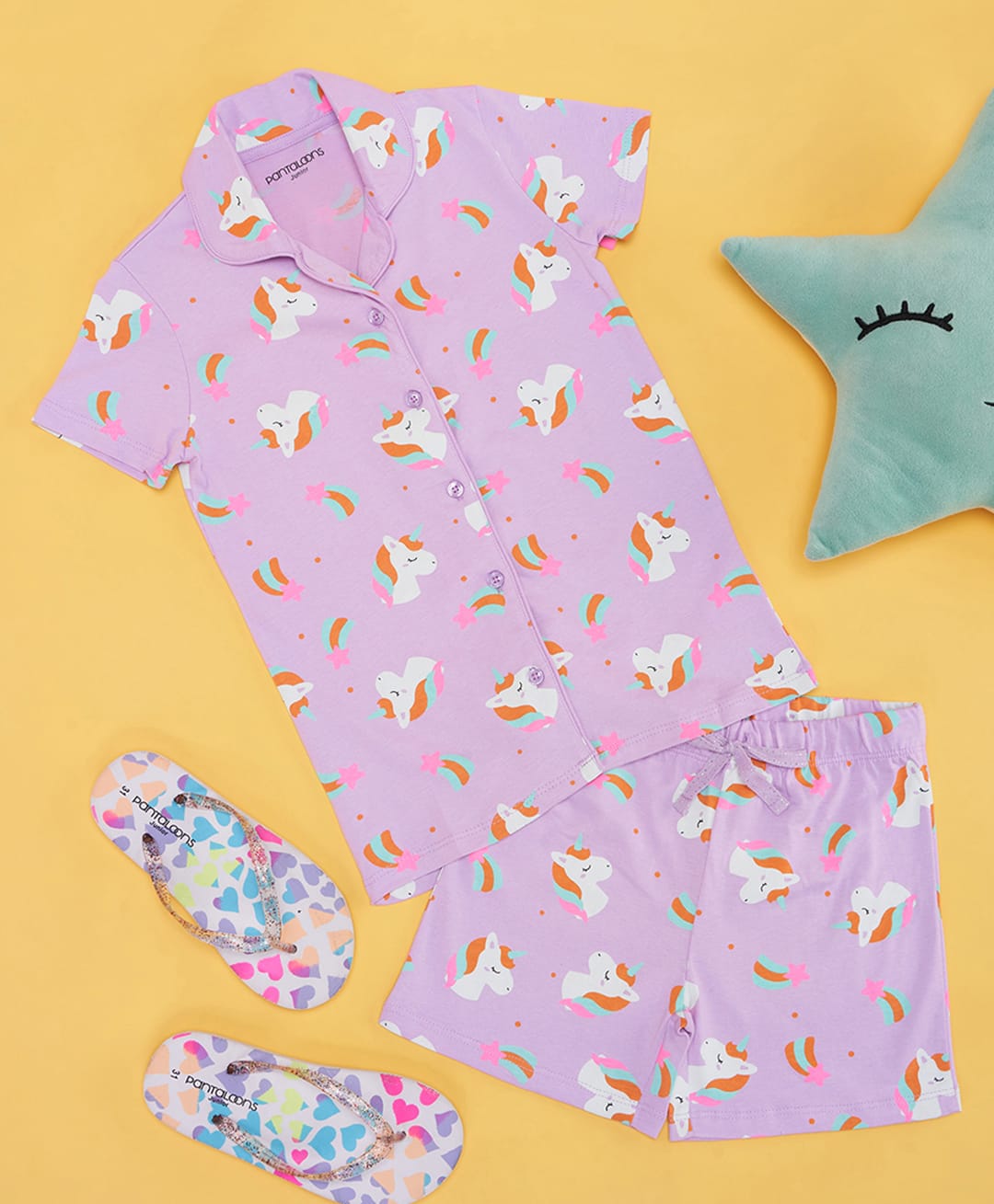 Pantaloons Junior Cotton Knit Half Sleeves Unicorn Printed Coordinating Shirt & Shorts Night Suit - Lilac-picture-11