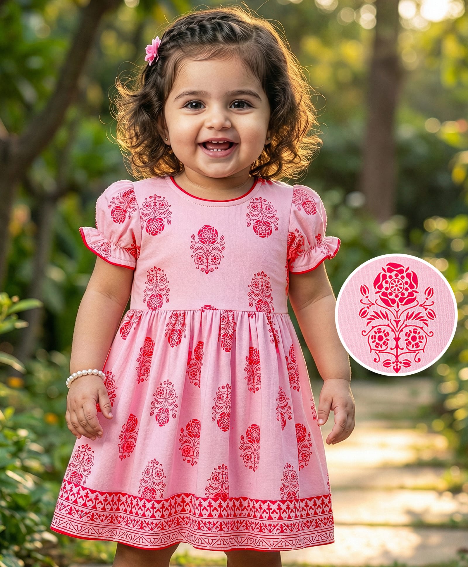 EARTHY TOUCH 100% Cotton Knit Half Sleeves Floral Printed Dress - Pink-image-18
