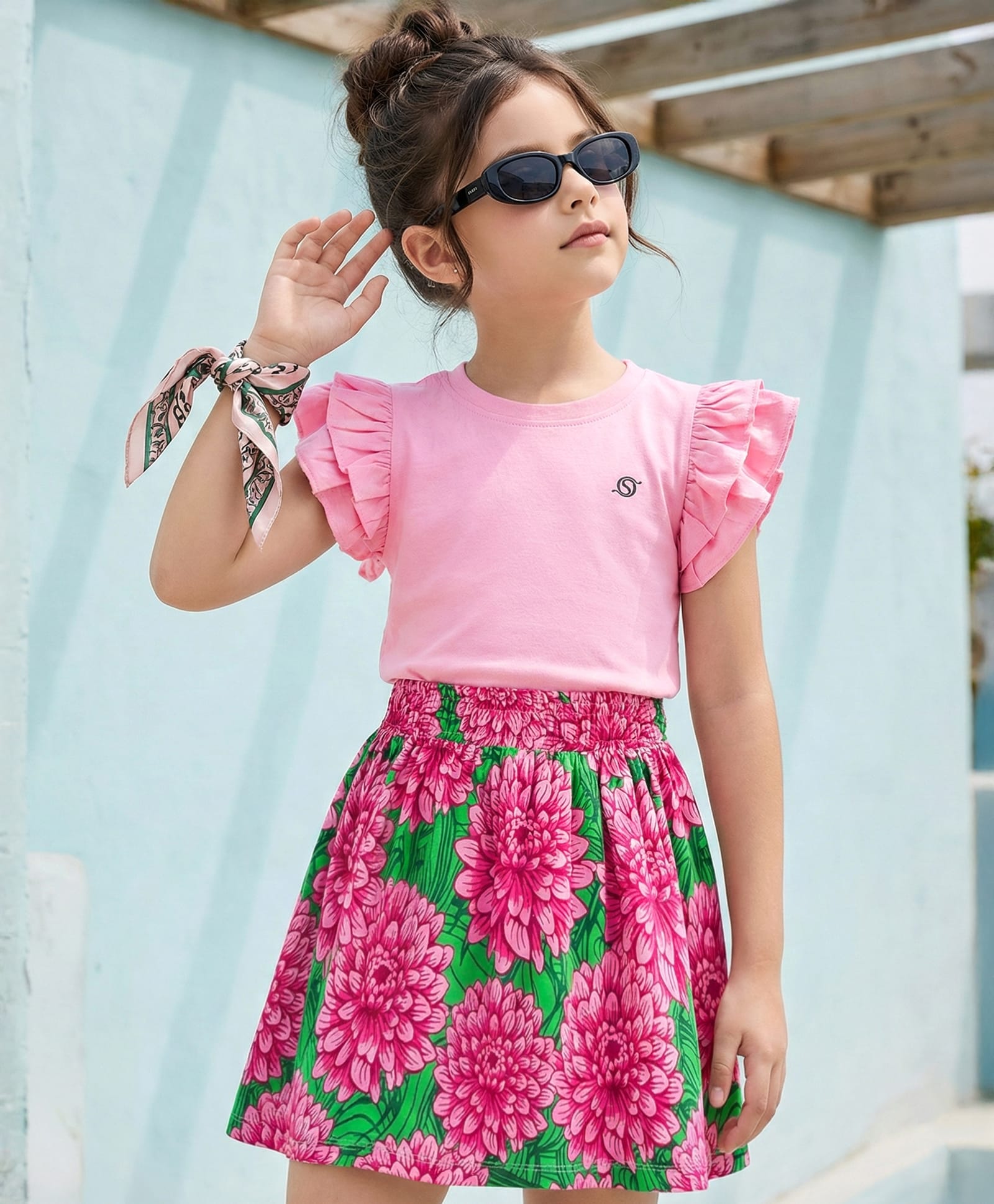 OLLINGTON ST. Cotton Knit Half Sleeves Top & Printed Skirt Set - Pink & Multicolor-image-43