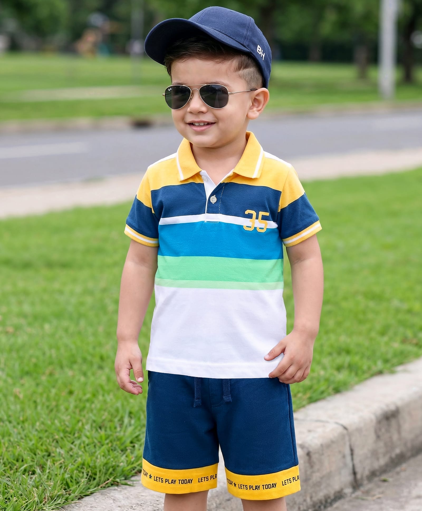 Babyhug Single Jersey Knit Half Sleeves Striped Polo T-Shirt & Shorts Set with Numerical Print - Blue & Yellow-image-36