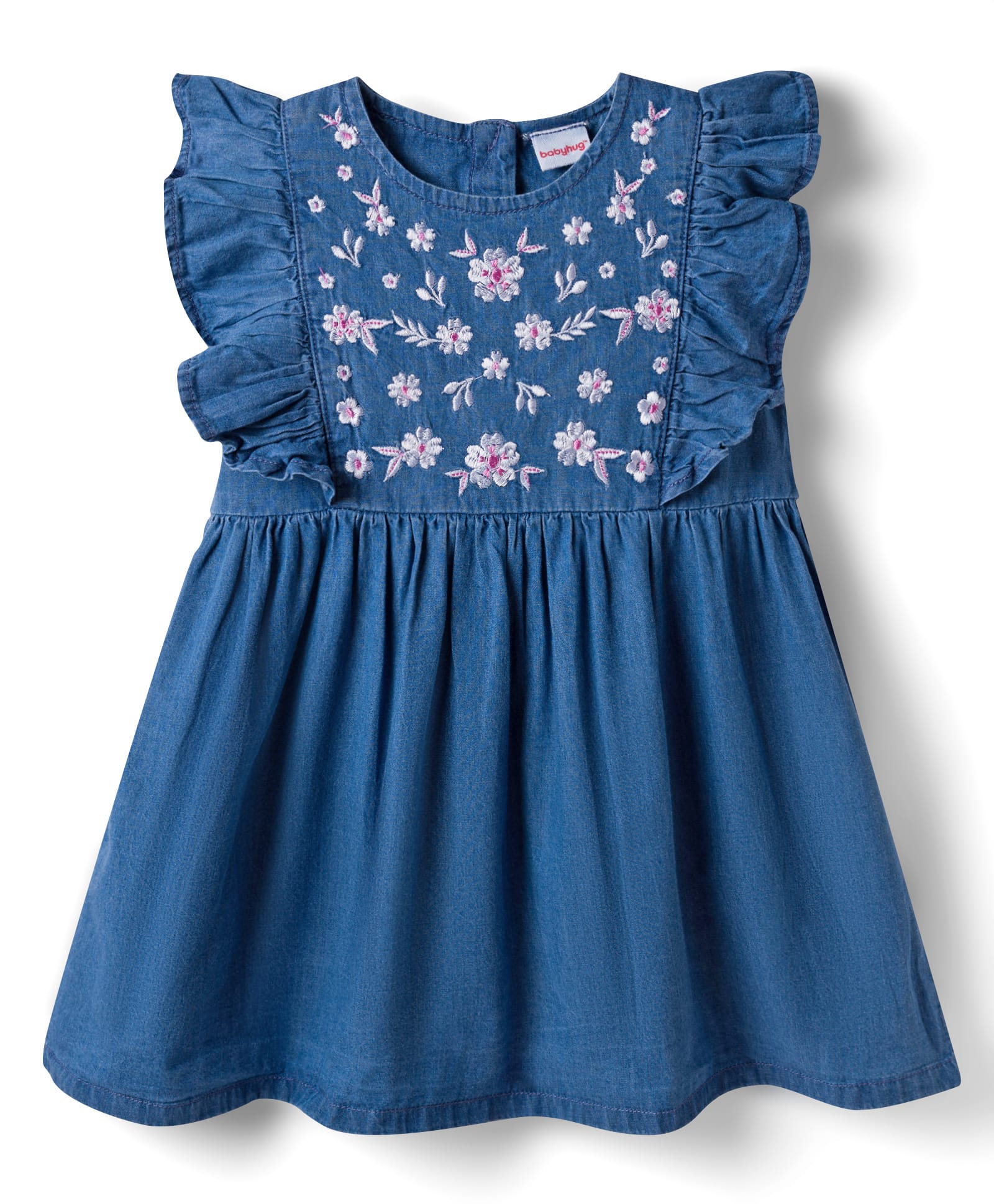 Babyhug Denim Woven Antibacterial Sleeveless Floral Embroidered Frock with Frill Detailing - Blue