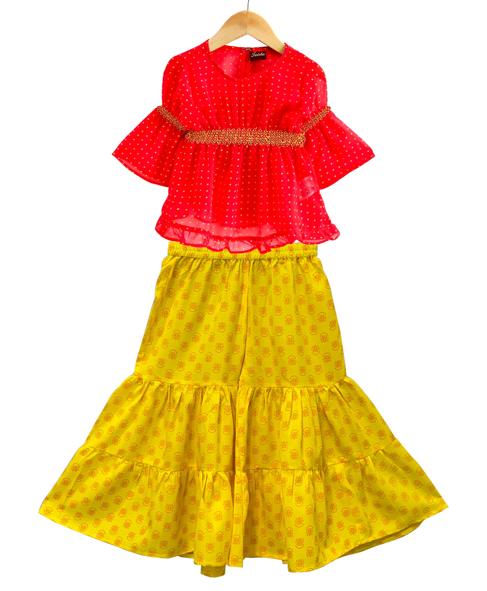 Twisha Georgette Woven Three Fourth Bell Sleeves Polka Dots Printed Top With Sharara Set - Coral & Yellow-image-48