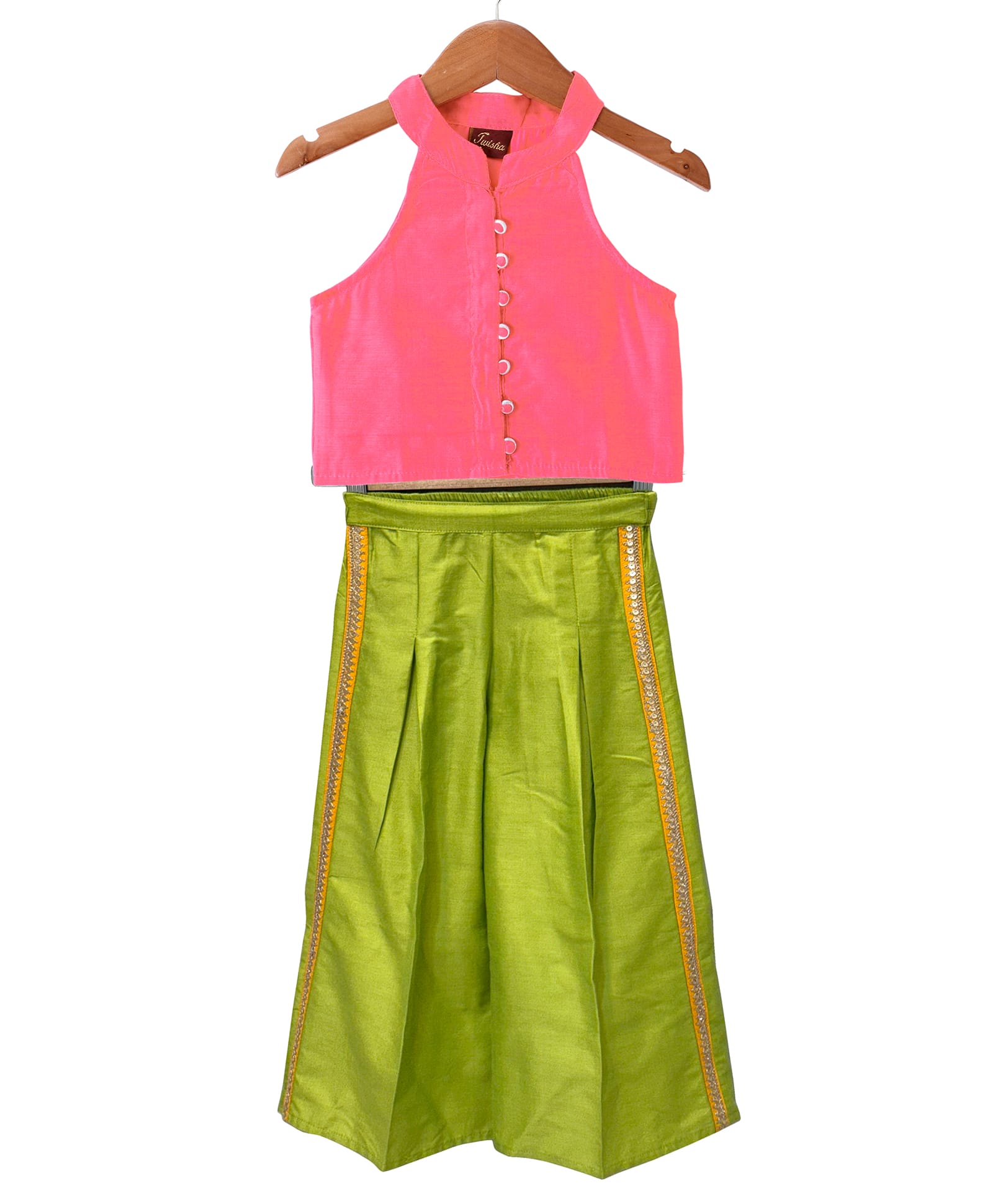 Twisha Woven Chanderi Woven Sleeveless Solid Halter Neck Top With Palazzo Set - Coral & Lime Green-image-6