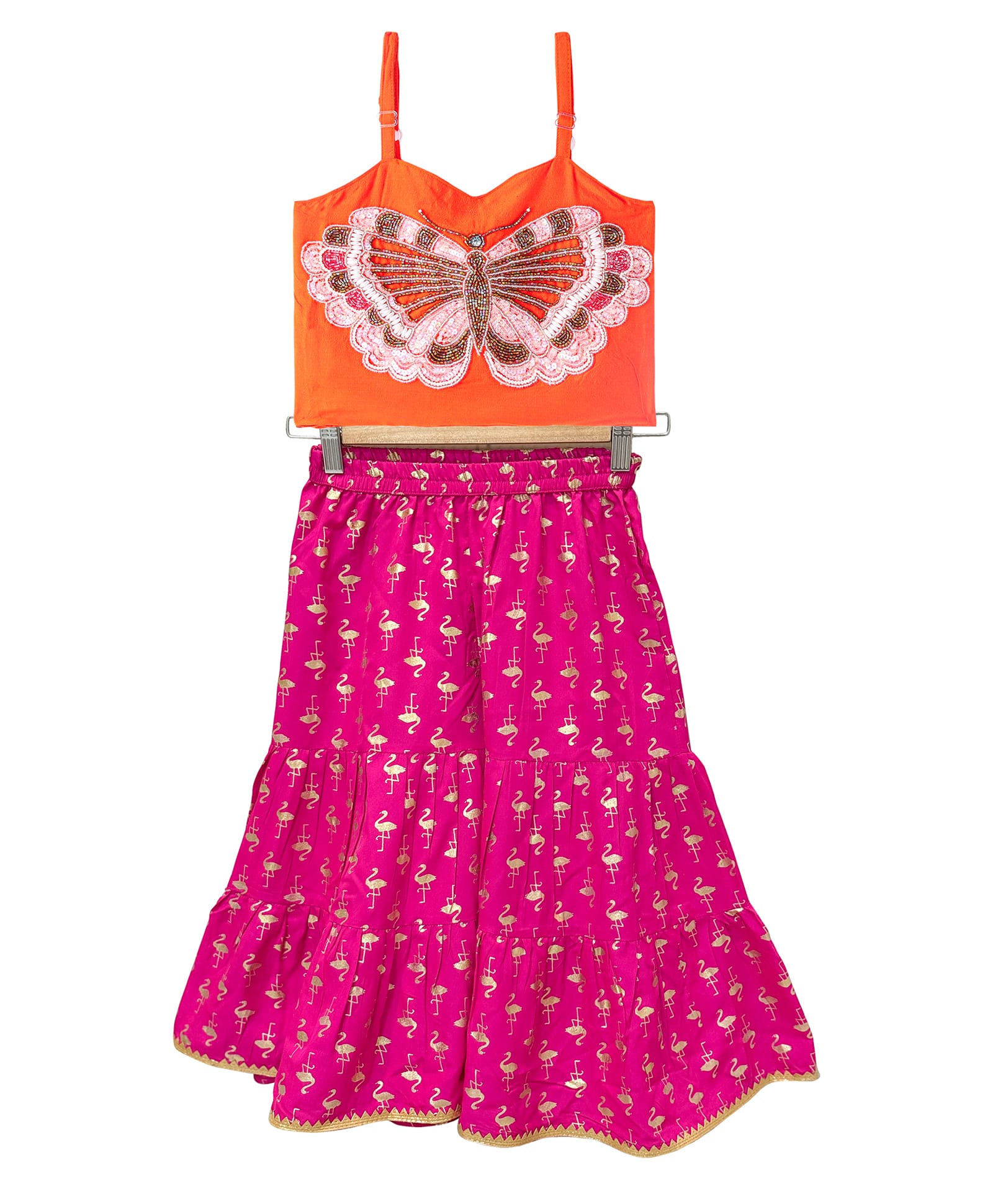 Twisha Woven Sleeveless Butterfly Designed Beads Embellished Top With Sharara Set - Orange & Pink-image-37