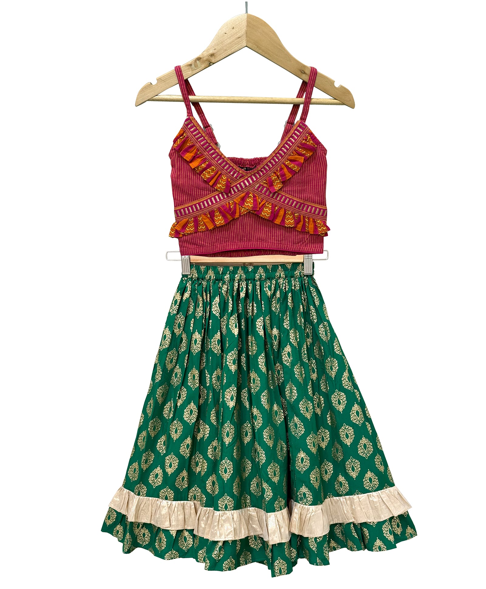 Twisha Cotton Woven Sleeveless Abstract Printed Frill Detailed Top With Lehenga Set - Pink & Green-image-38