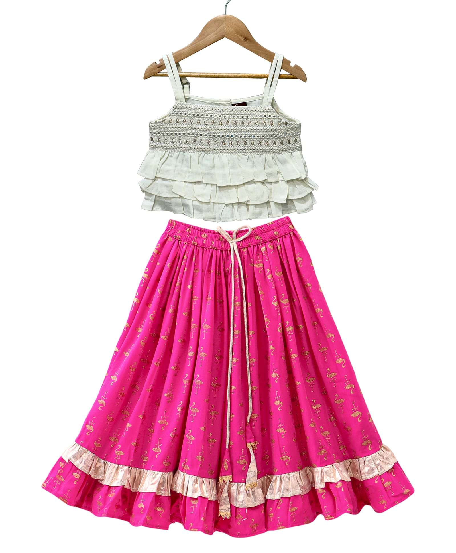 Twisha Woven Sleeveless Lace Embellished Top With Lehenga Set - White & Pink-image-49