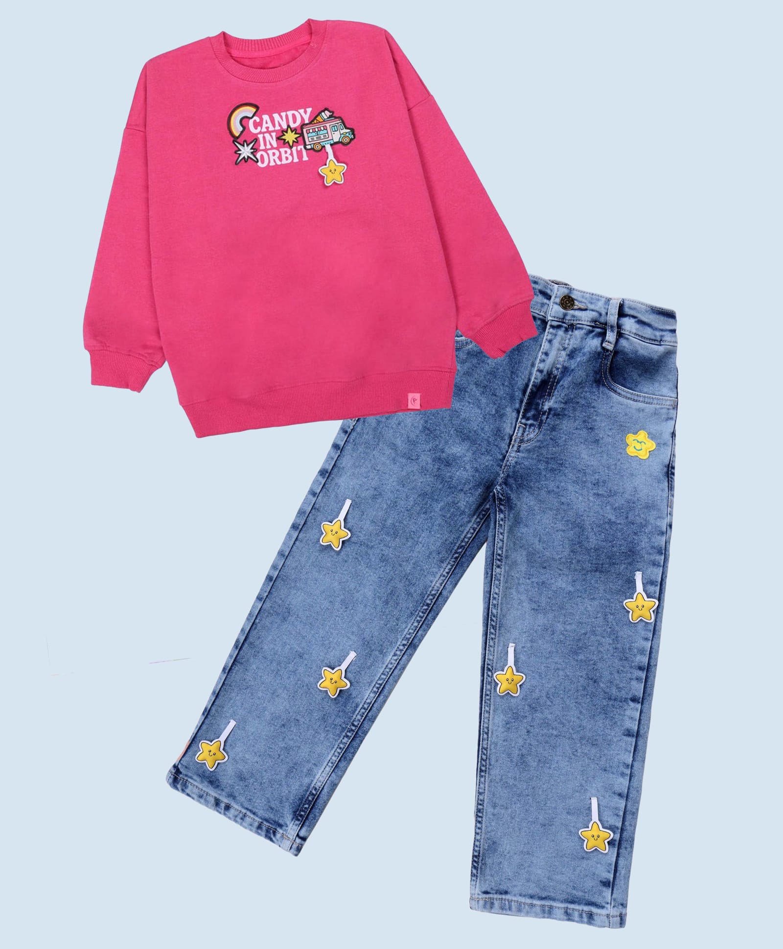 Kiddopanti Cotton Fleece Knit Full Sleeves Candy In Orbit Text Printed Winter Sweatshirt & Jeans Set - Fuchsia Pink & Light Blue-image-2